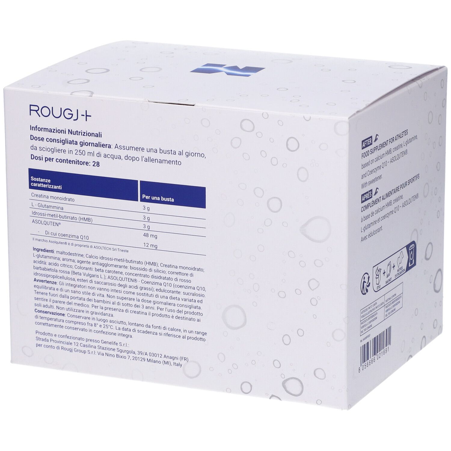 Scatola bianca con testo: ROUGJ+. Informazioni nutrizionali. Dosaggio per porzione. Ingredienti. Testo in italiano.