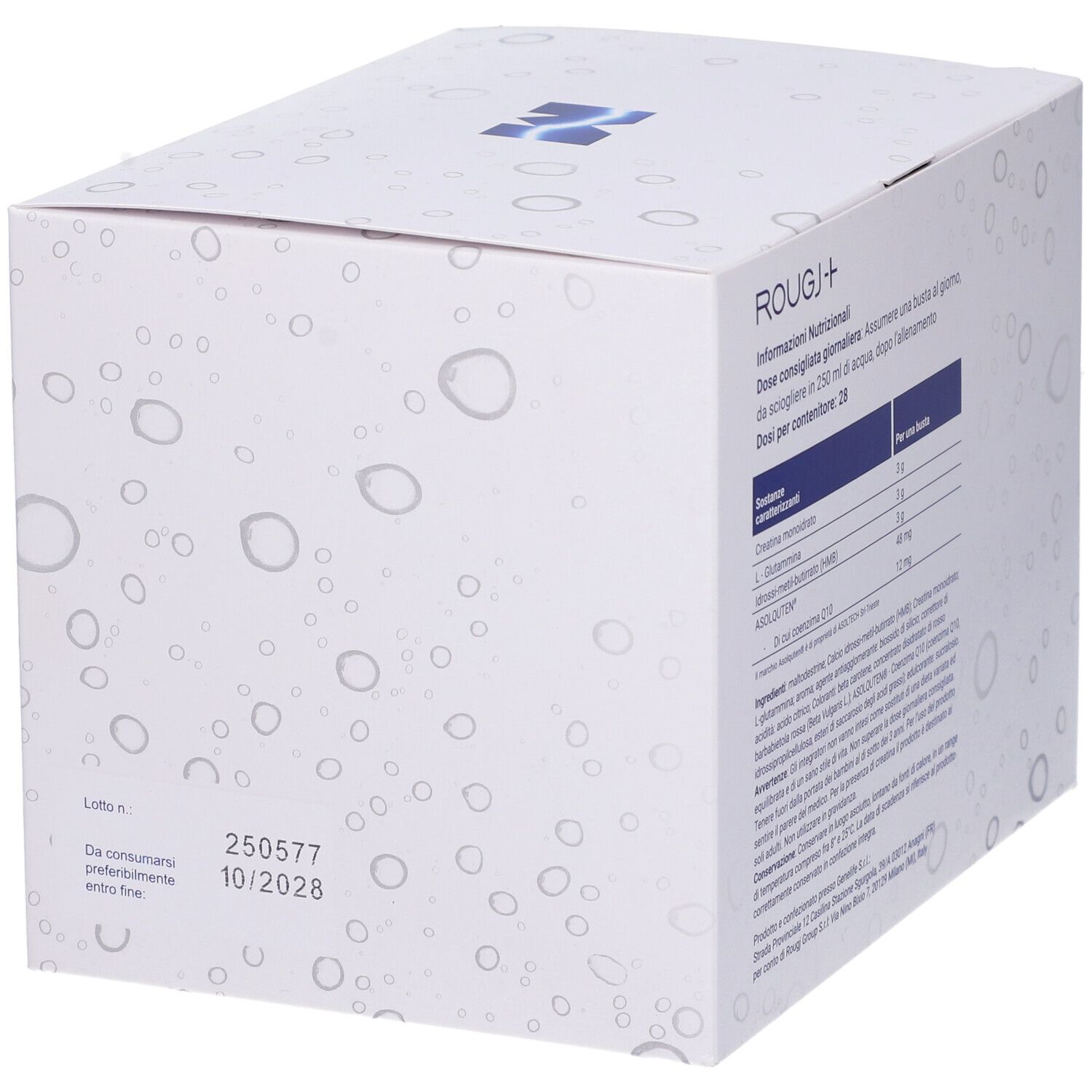 Scatola bianca con testo: ROUGJ+. Informazioni nutrizionali. Dosaggio per porzione. Ingredienti. Testo in italiano.