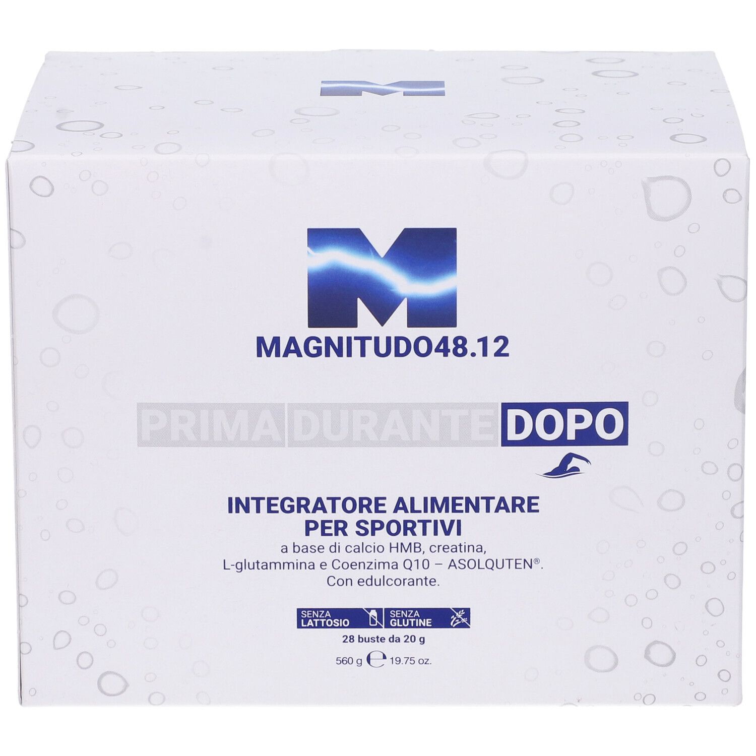 Scatola bianca con logo MAGNITUDO48.12. Testo: PRIMA, DURANTE, DOPO. Integratore alimentare per sportivi. 28 bustine.