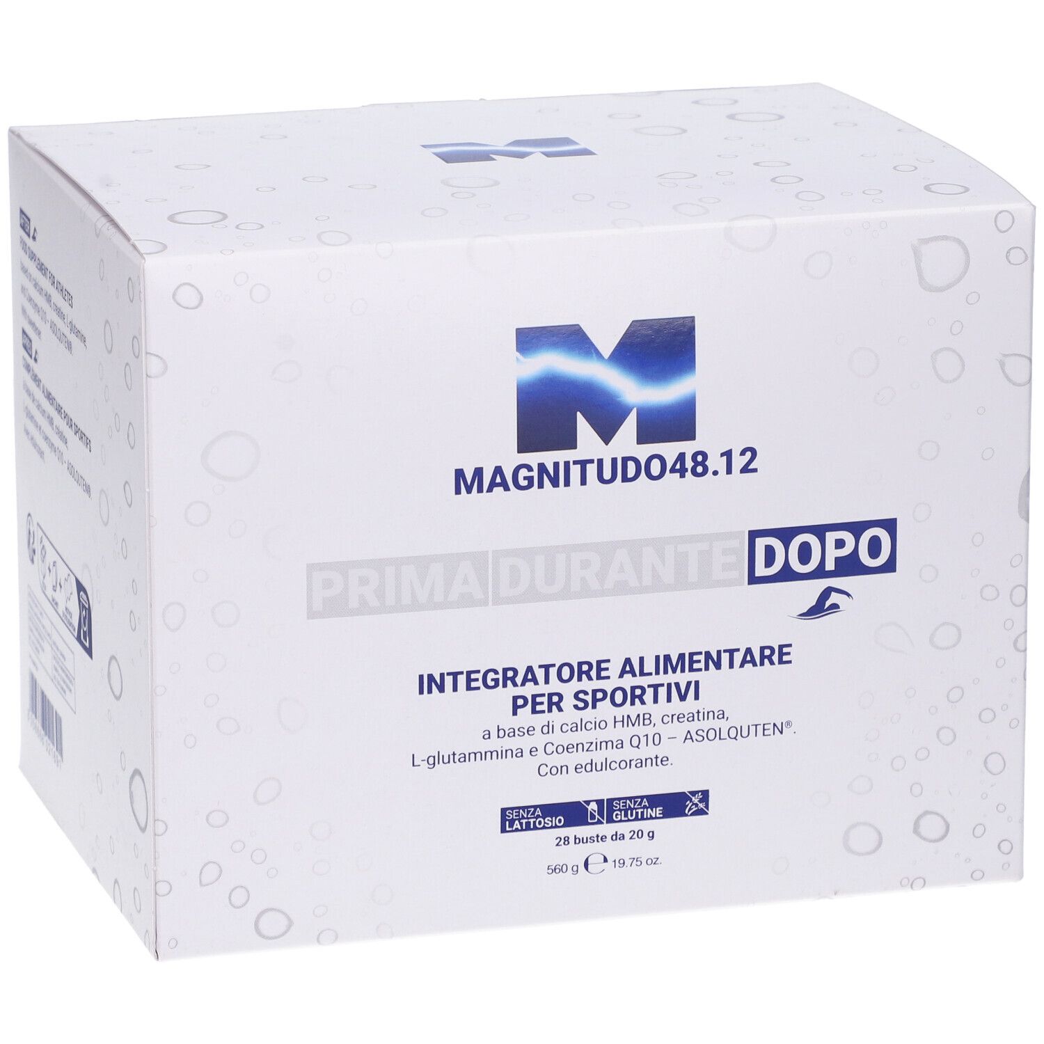 Scatola bianca con logo MAGNITUDO48.12. Testo: PRIMA, DURANTE, DOPO. Integratore alimentare per sportivi. 28 bustine.