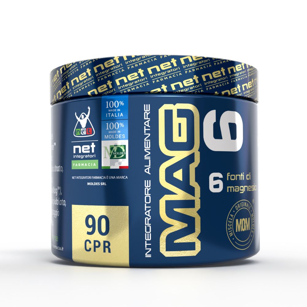 Barattolo blu MAG 6, 90 CPR. Scritta: 6 fonti di magnesio. Logo e testo. Bandiera italiana.