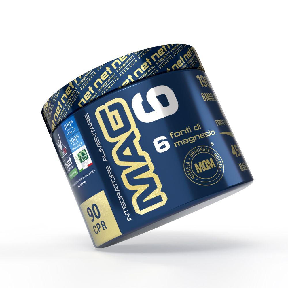 Barattolo blu MAG 6, 90 CPR. Scritta: 6 fonti di magnesio. Logo e testo. Vista obliqua.