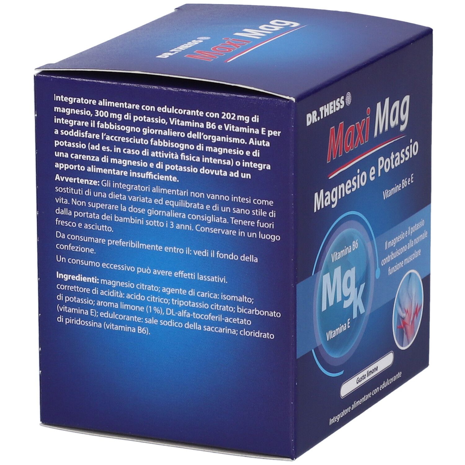 Retro della scatola "Maxi Mag". Contiene ingredienti, avvertenze e informazioni. Testo in italiano.