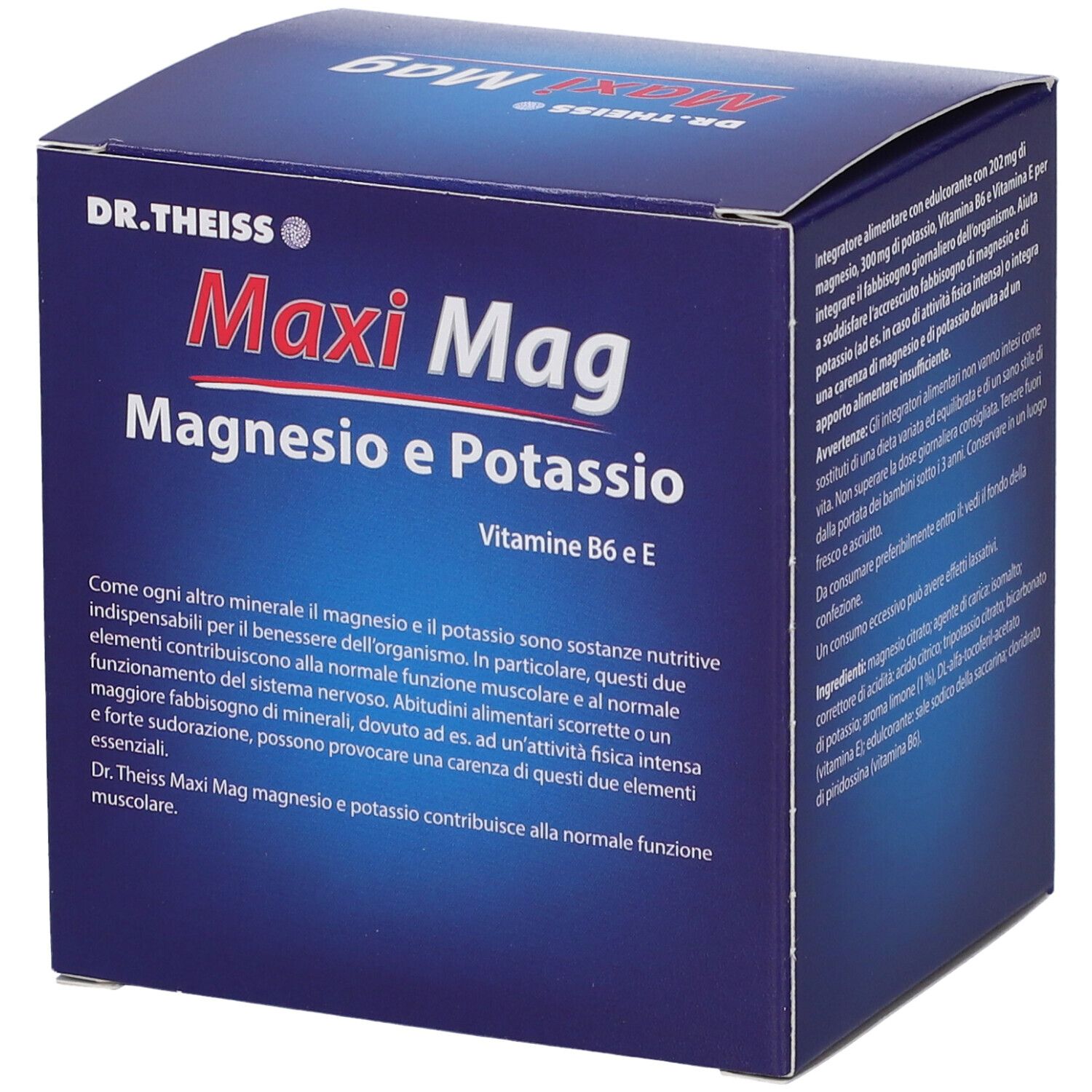 Scatola "Maxi Mag", confezione blu. Contiene magnesio, potassio, vitamina B6 e E. Testo in italiano.