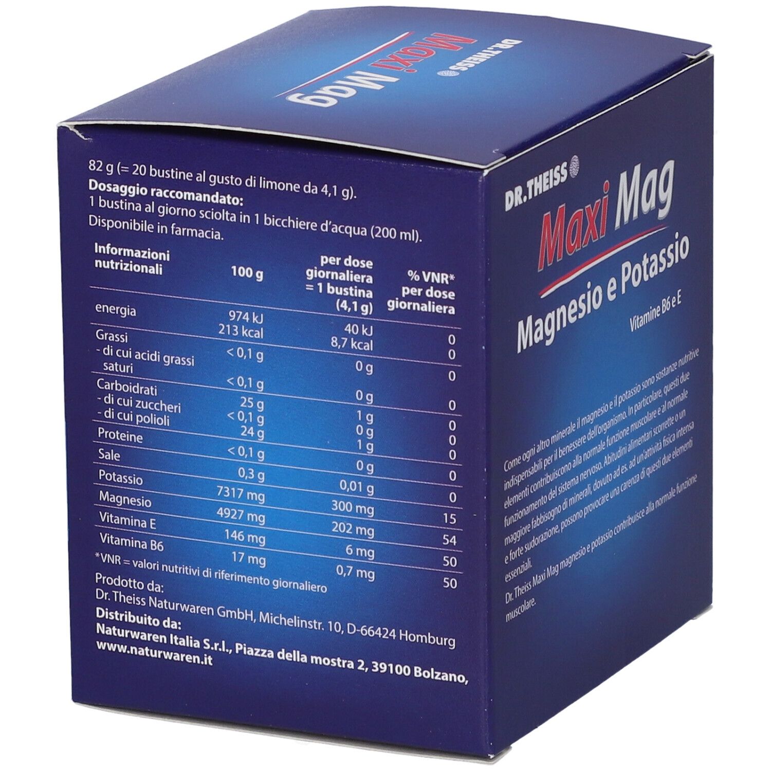 Scatola "Maxi Mag" con informazioni nutrizionali. Contiene magnesio, potassio, vitamina B6 e E. Testo in italiano.