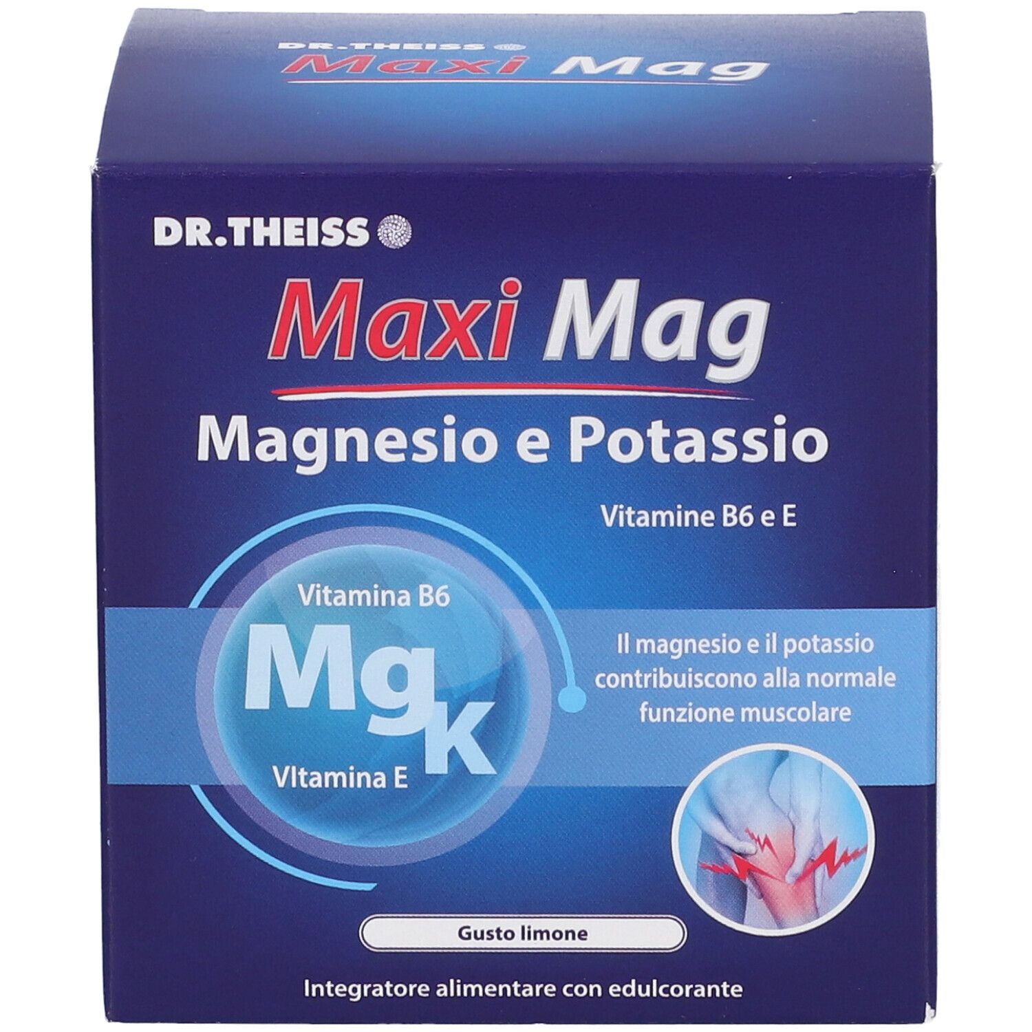 Scatola blu "Maxi Mag". Contiene magnesio, potassio, vitamina B6 e E. Gusto limone. Integratore alimentare.
