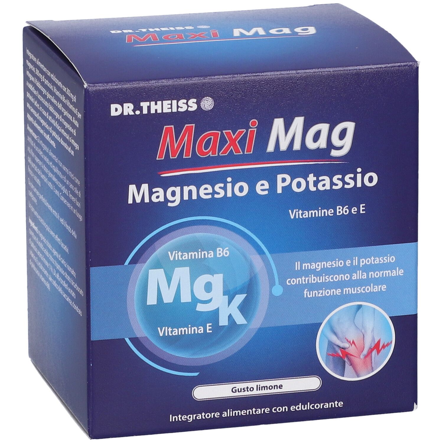 Scatola blu "Maxi Mag". Contiene magnesio, potassio, vitamina B6 e E. Gusto limone. Integratore alimentare.