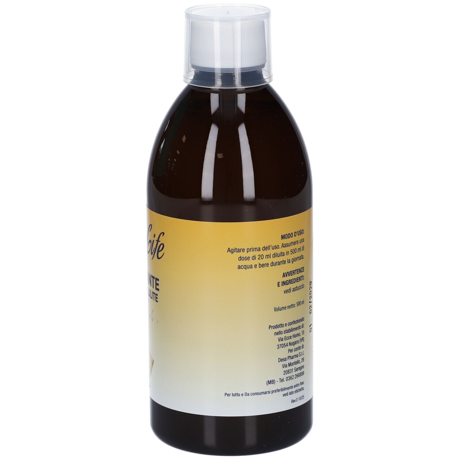 Retro di una bottiglia di liquido marrone. Etichetta con istruzioni per l'uso e avvertenze.