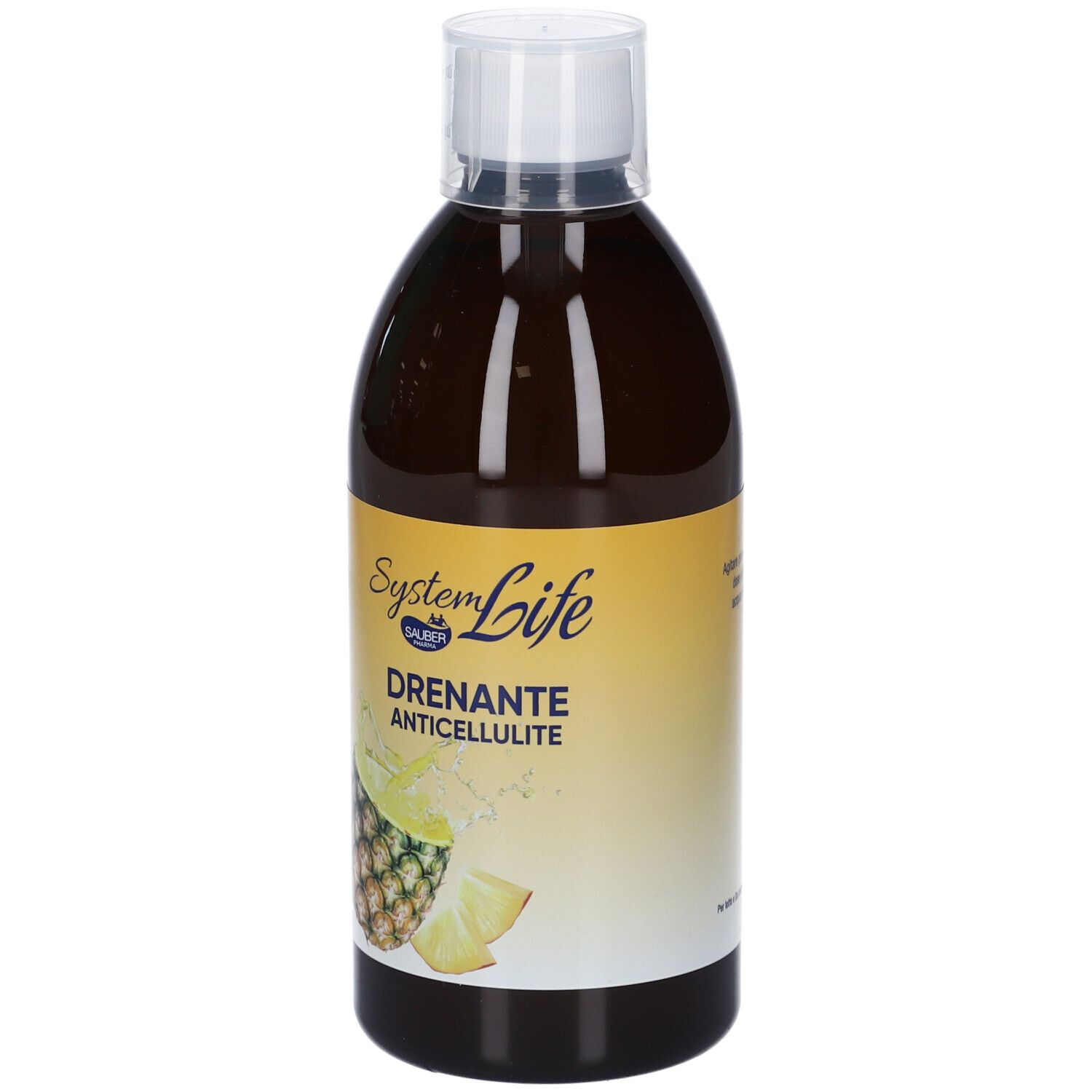 Liquido marrone in bottiglia con tappo bianco. Etichetta con nome prodotto e illustrazione ananas.