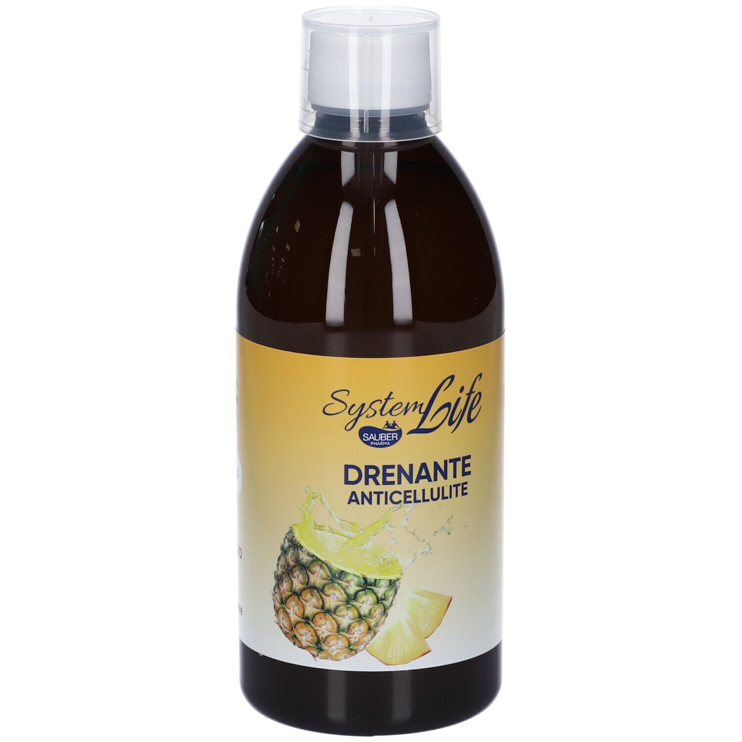 Liquido marrone in bottiglia con tappo bianco. Etichetta con nome prodotto e illustrazione ananas.