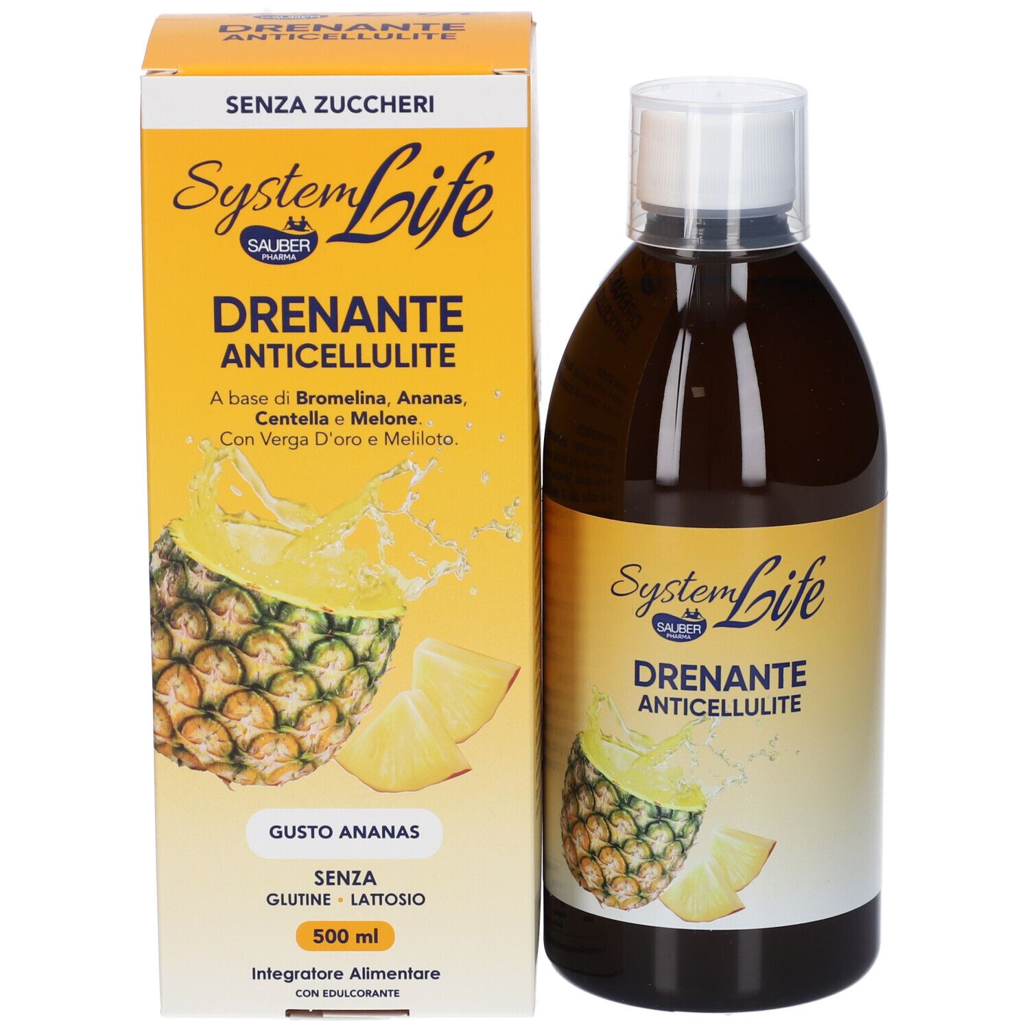 Bottiglia e scatola. Sulla scatola: nome prodotto, illustrazione ananas, 500 ml. Sulla bottiglia: nome prodotto.