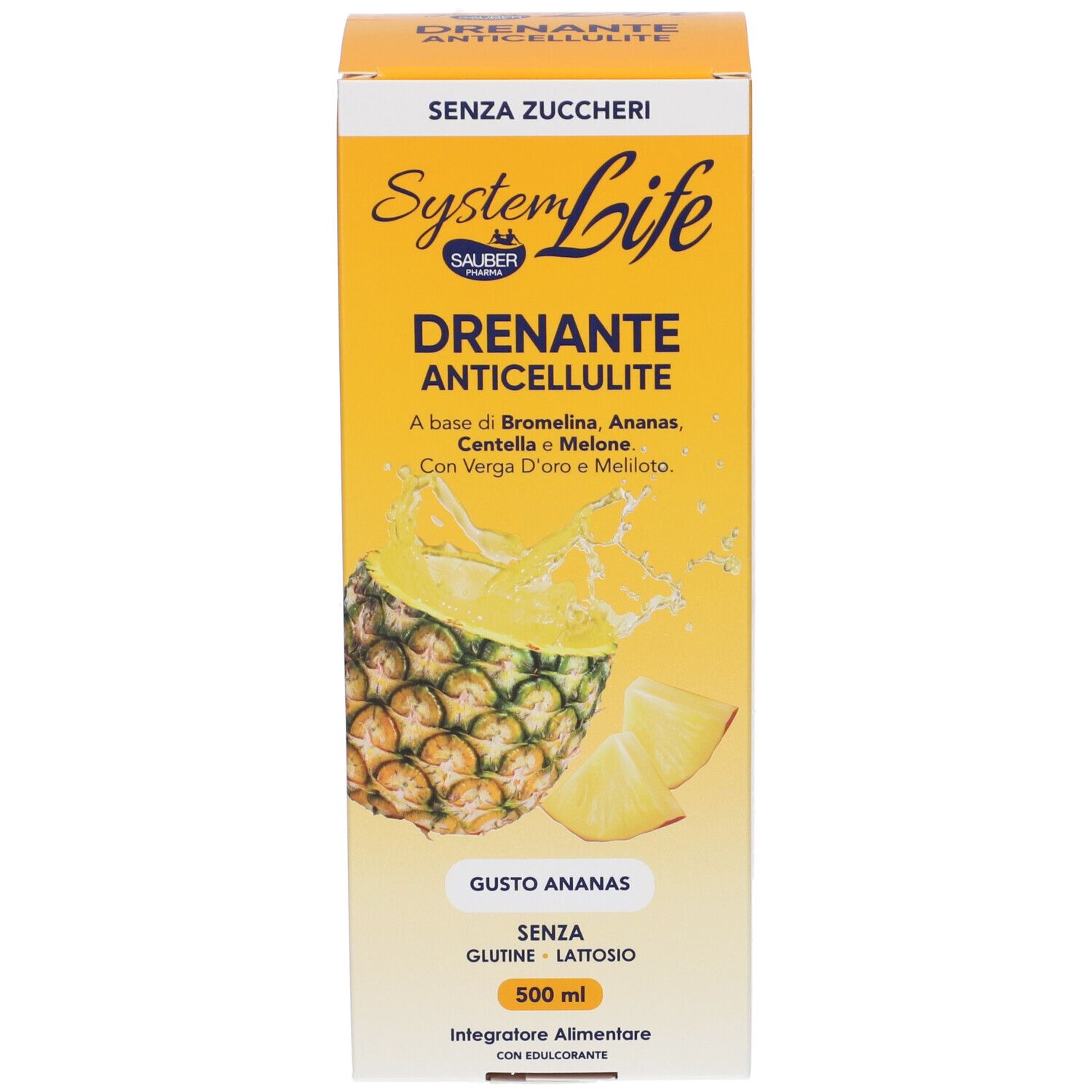 Scatola con nome prodotto, illustrazione ananas, 500 ml. Senza bottiglia.