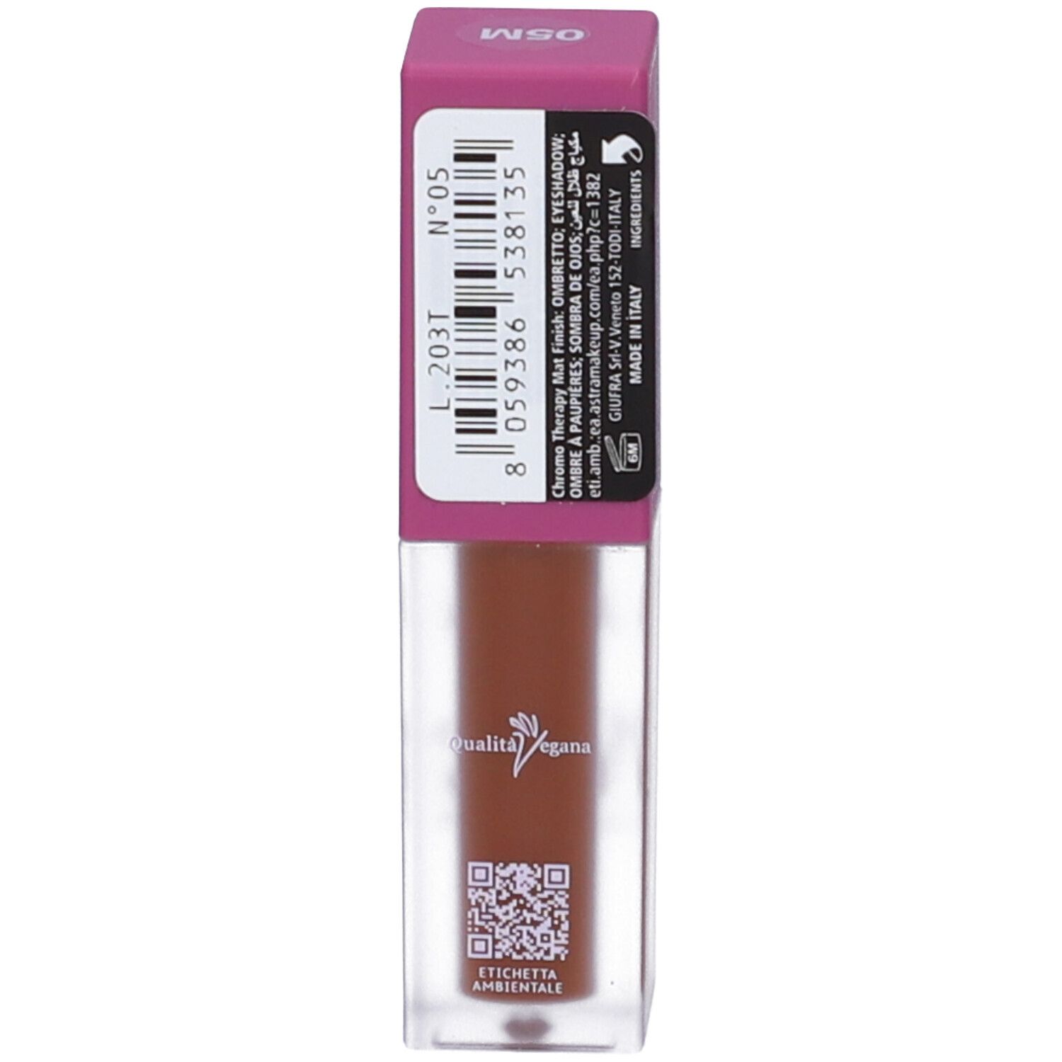 Retro del flacone di ombretto. Contiene informazioni e codice QR. Logo Qualità Vegana. Prodotto in Italia.