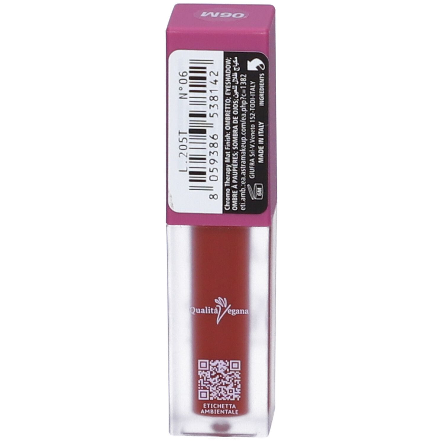 Retro del flacone di ombretto. Contiene informazioni, codice a barre, logo Qualità Vegana ed Etichetta Ambientale.