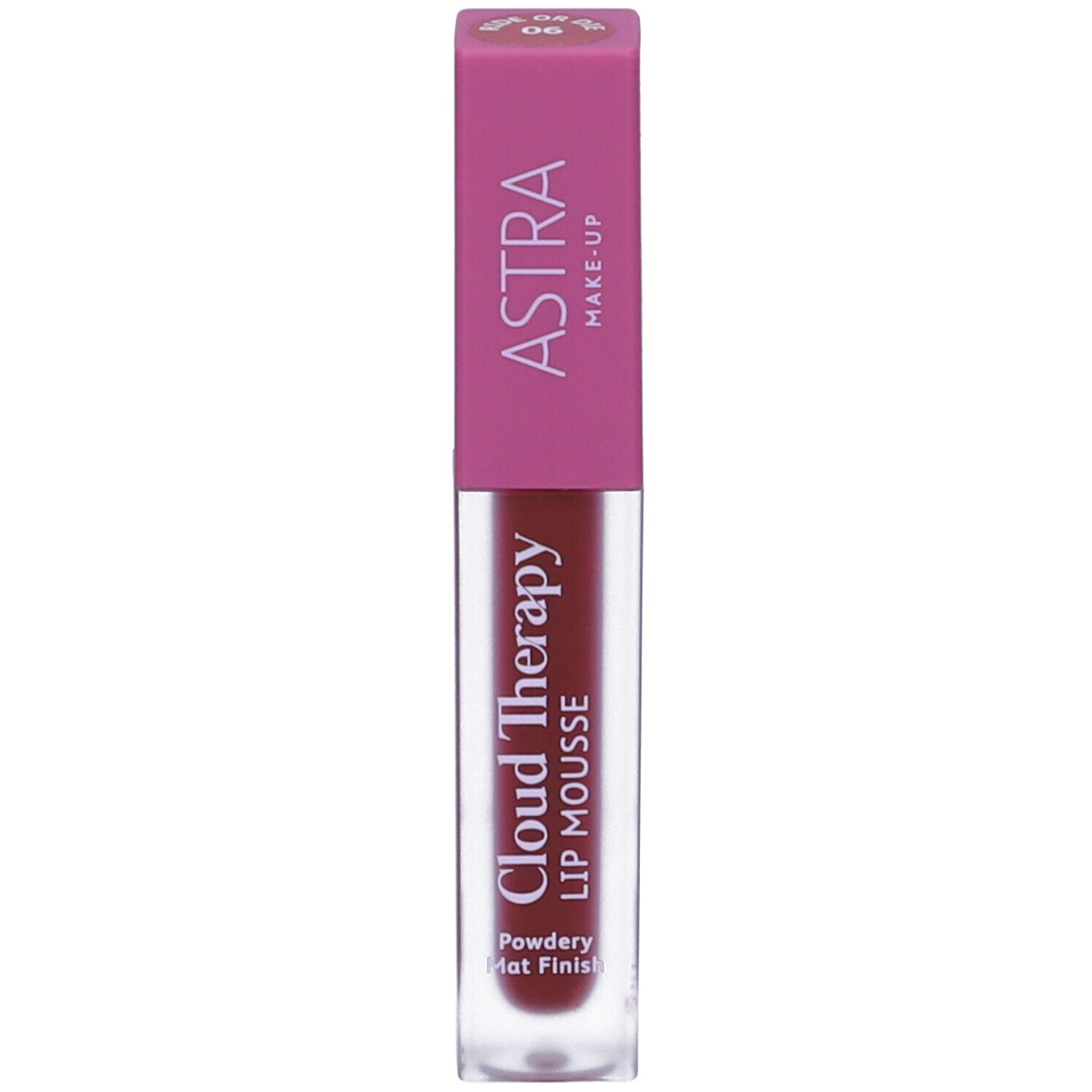 Mousse labbra. Marchio ASTRA. Tonalità 06. Testo: Cloud Therapy, Lip Mousse, Powderly Mat Finish.