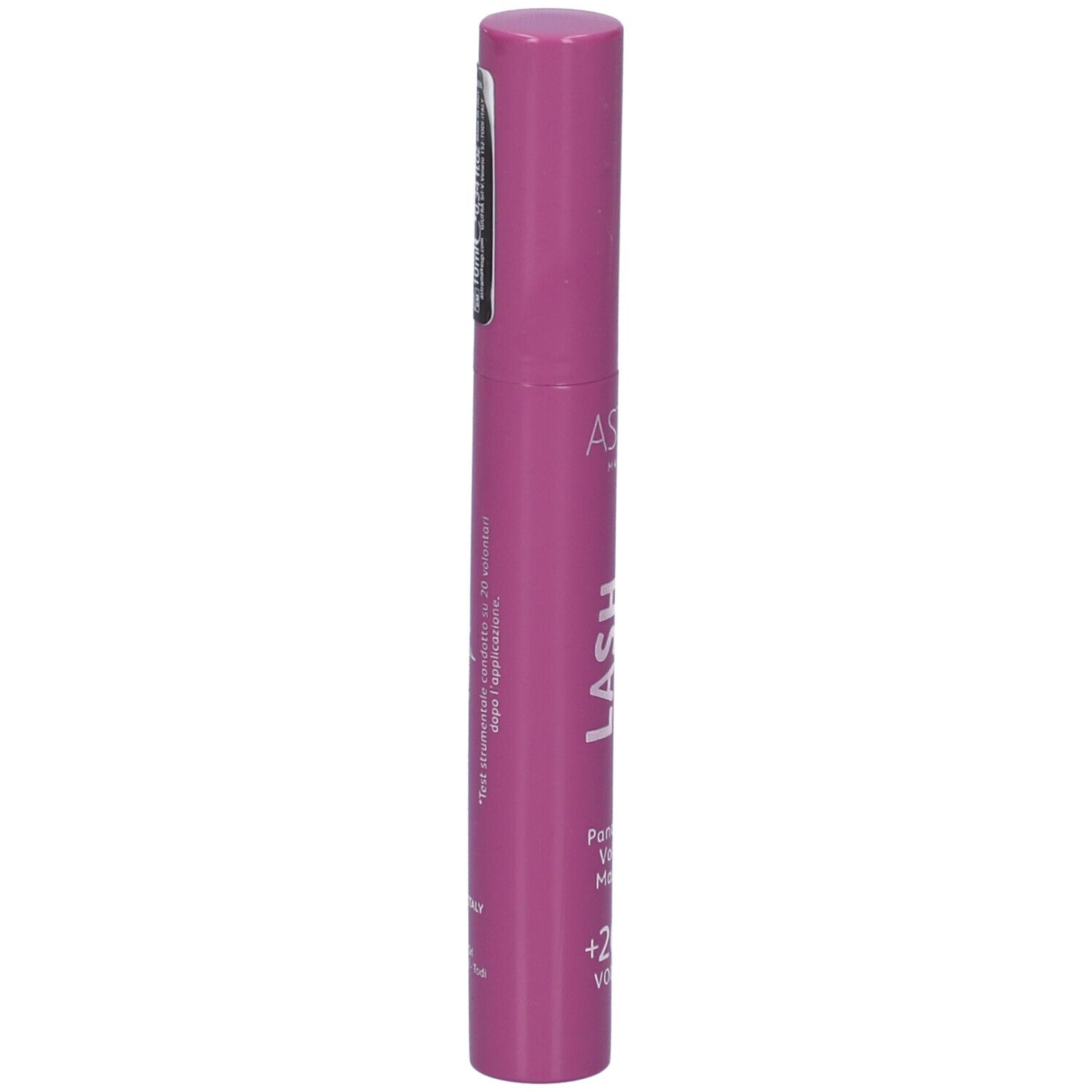 Tubo di mascara viola. Testo: ASTRA MAKE-UP, LASH MELLOW, Panoramic Volume Mascara, +200% VOLUME. Adesivo.