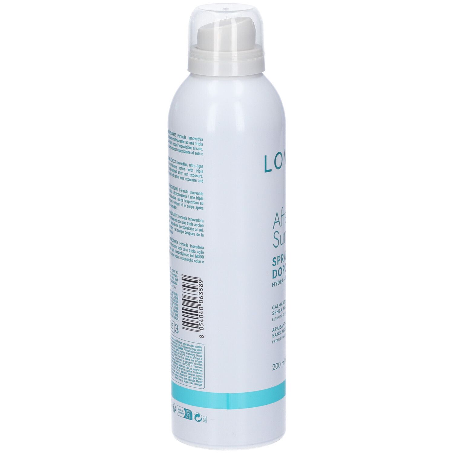 Flacone spray bianco, retro. Testo e codice a barre. "Lovren After Sun Spray Doposole". 200 ml. Con erogatore spray.