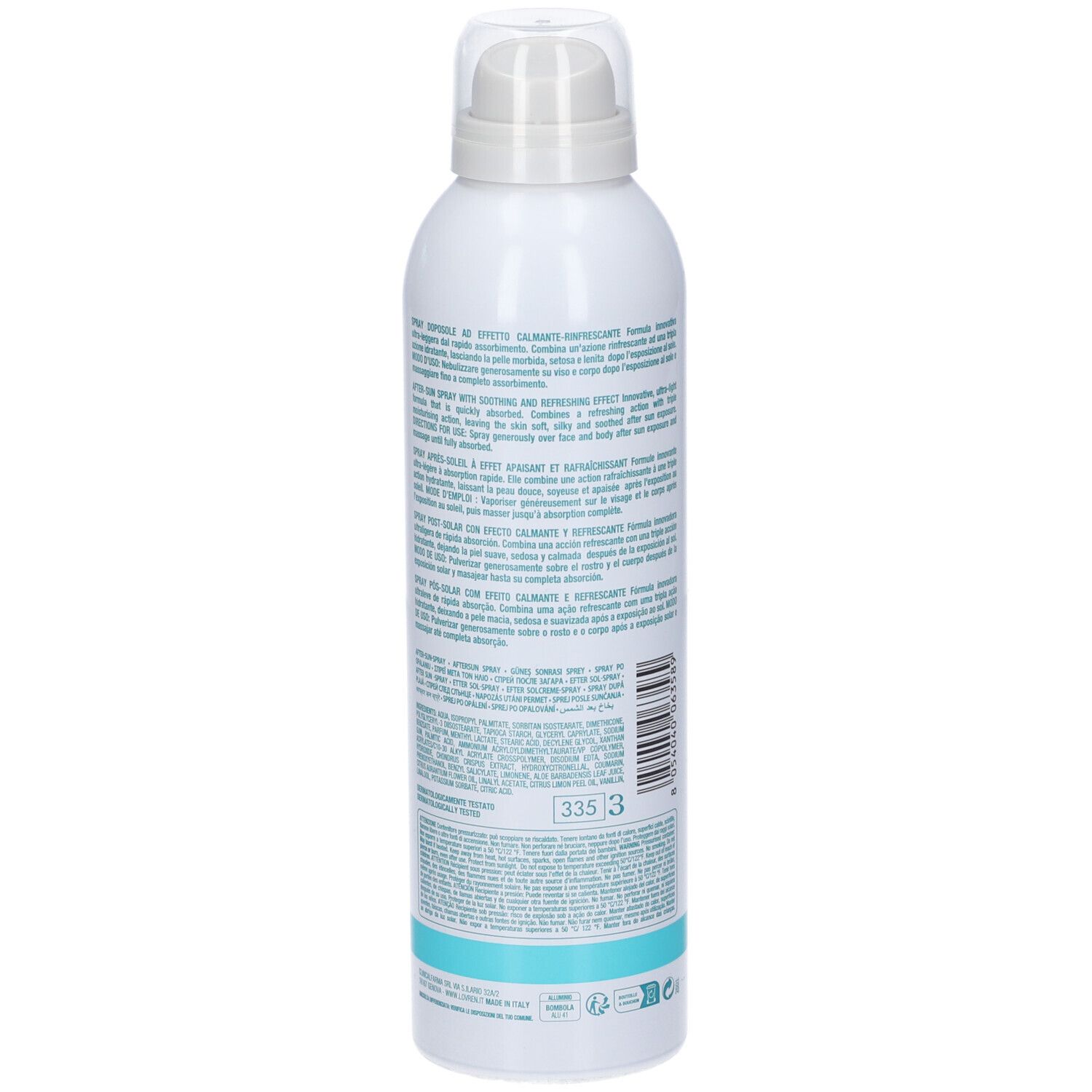 Flacone spray bianco, retro. Testo e codice a barre. "Lovren After Sun Spray Doposole". 200 ml. Con erogatore spray.
