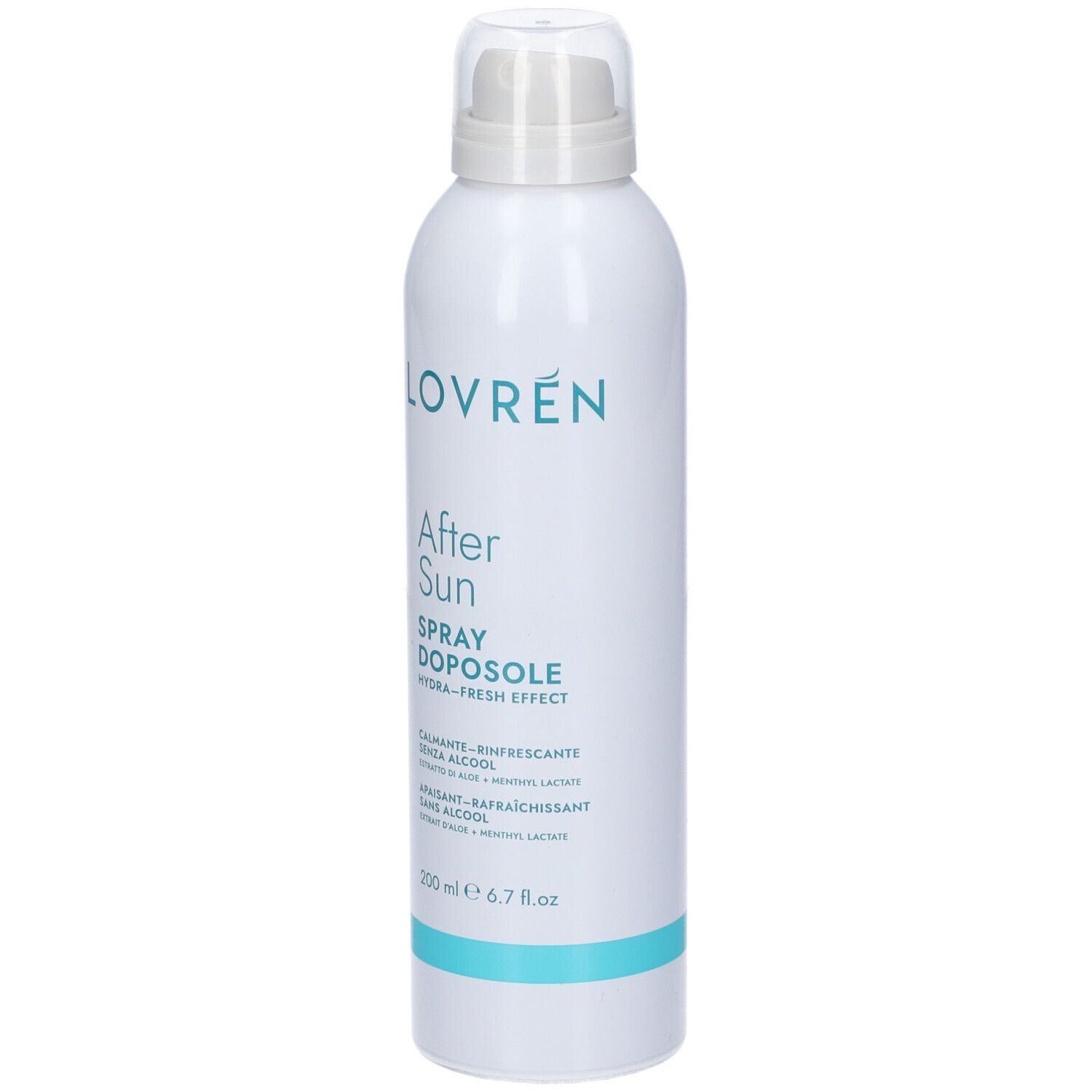 Flacone spray bianco "Lovren After Sun Spray Doposole". Testo: "Hydra-fresh effect". 200 ml. Con erogatore spray.