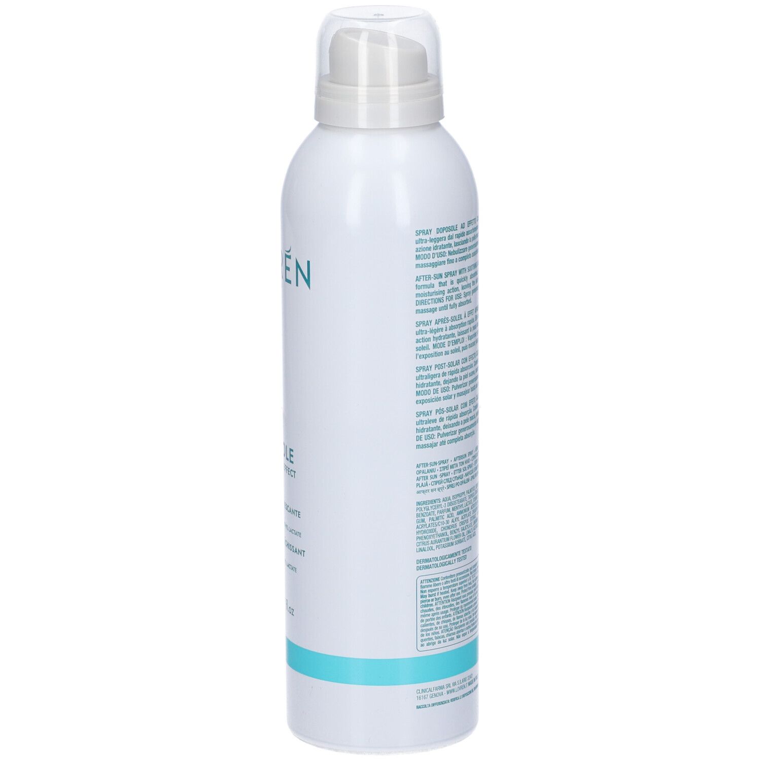Flacone spray bianco, retro. Testo e codice a barre. "Lovren After Sun Spray Doposole". 200 ml. Con erogatore spray.