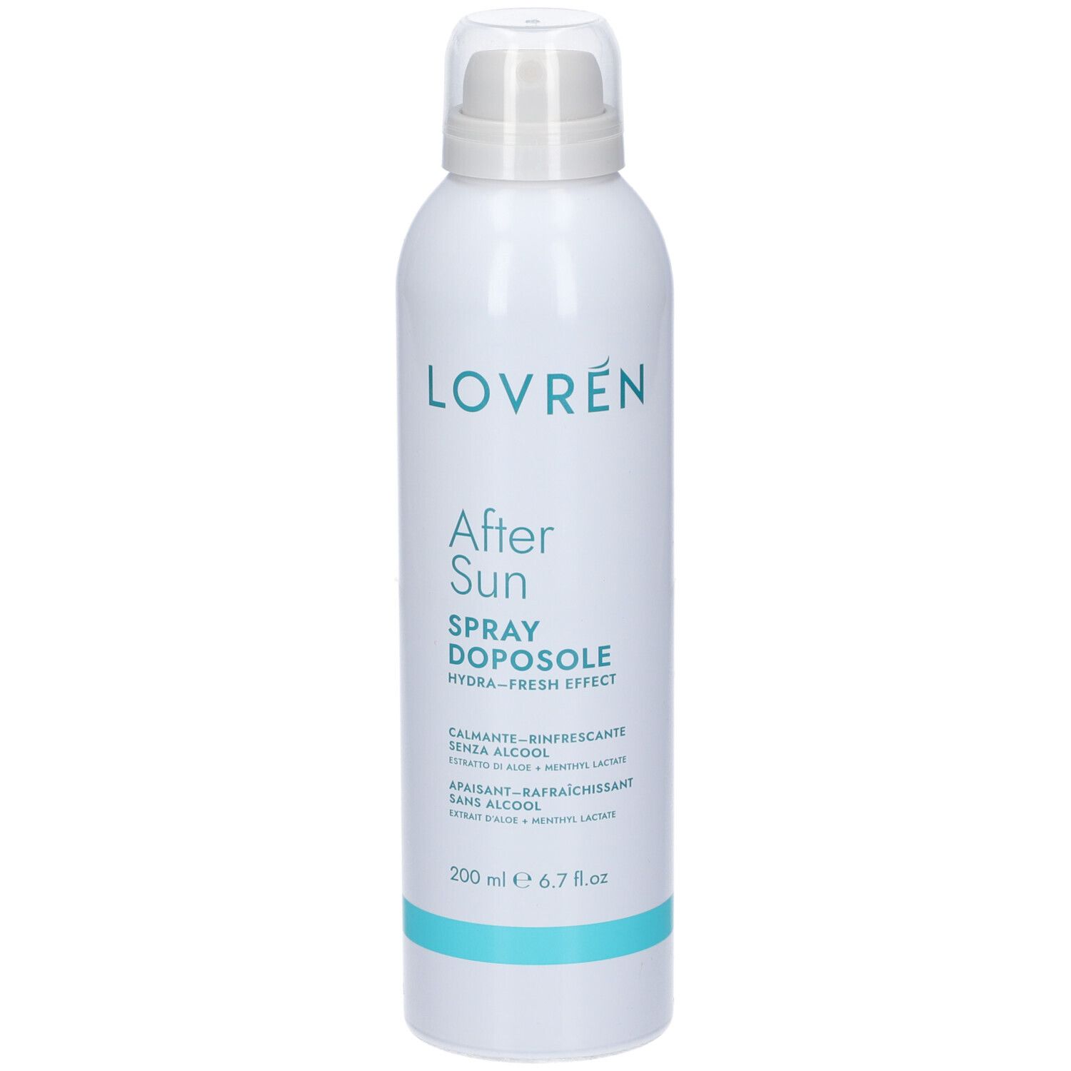 Flacone spray bianco "Lovren After Sun Spray Doposole". Testo: "Hydra-fresh effect". 200 ml. Con erogatore spray.
