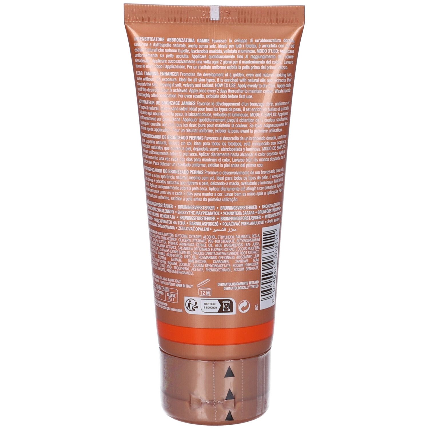 Retro del tubo attivatore abbronzatura. Testo multilingue. Striscia arancione. Tappo marrone.