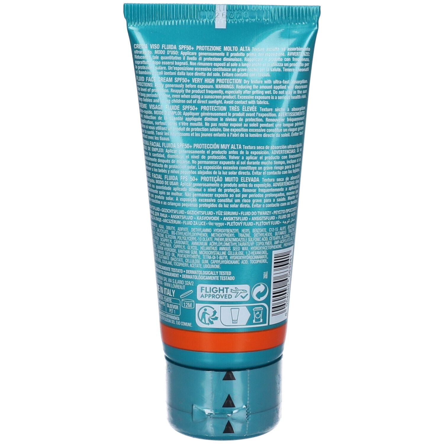 Retro del tubo turchese. Testo multilingue. Striscia arancione. Tappo a vite blu.