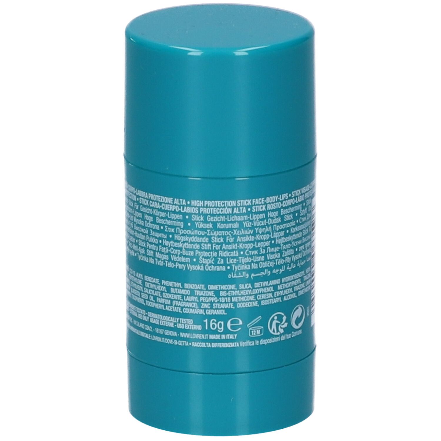 Lovren Matt Invisible Stick Solare SPF 50+ retro con peso e certificazioni.