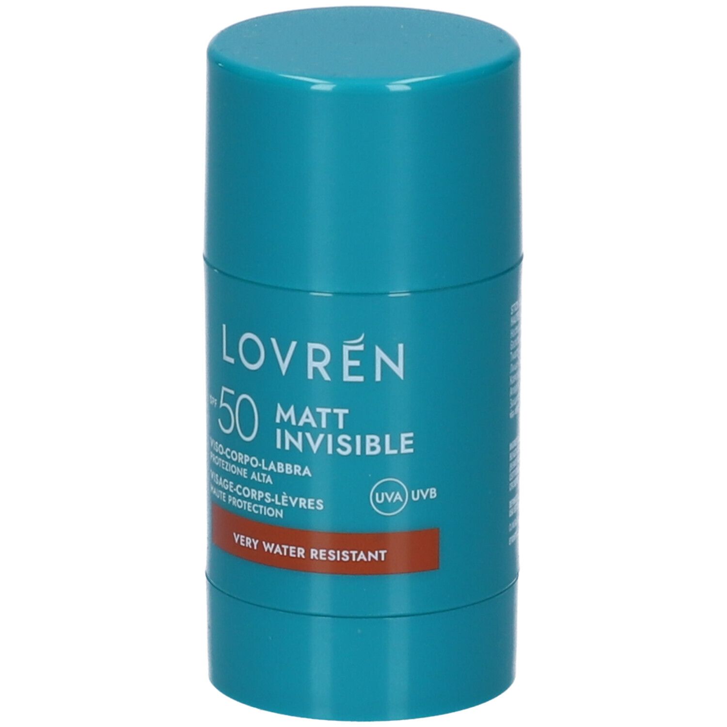 Lovren Matt Invisible Stick Solare SPF 50+ stick solare con iscrizione.