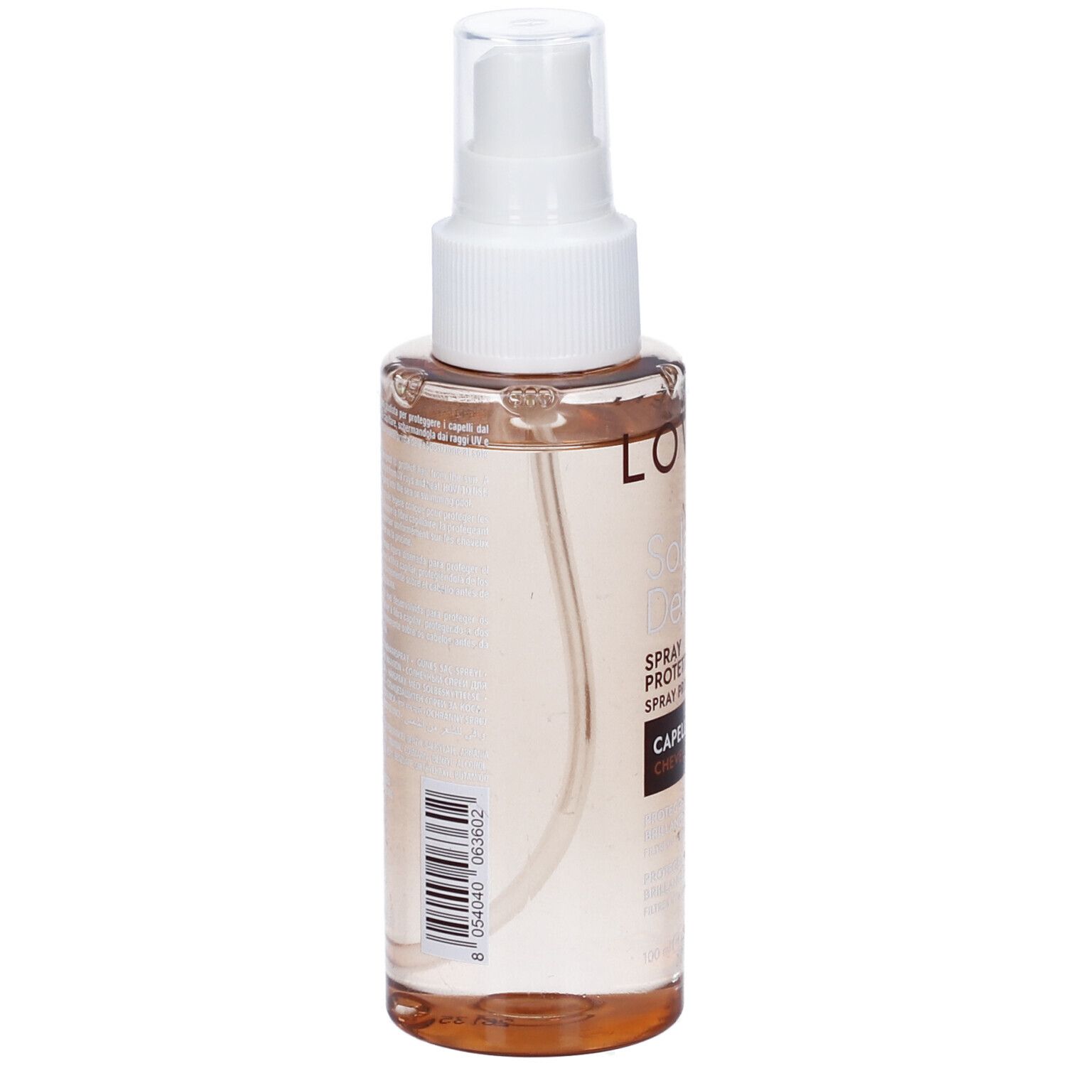 Spray per capelli Lovren, vista laterale con etichetta e codice a barre.