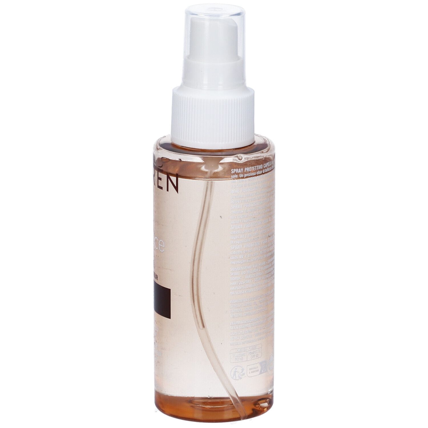 Spray per capelli Lovren, vista laterale con erogatore e flacone trasparente.