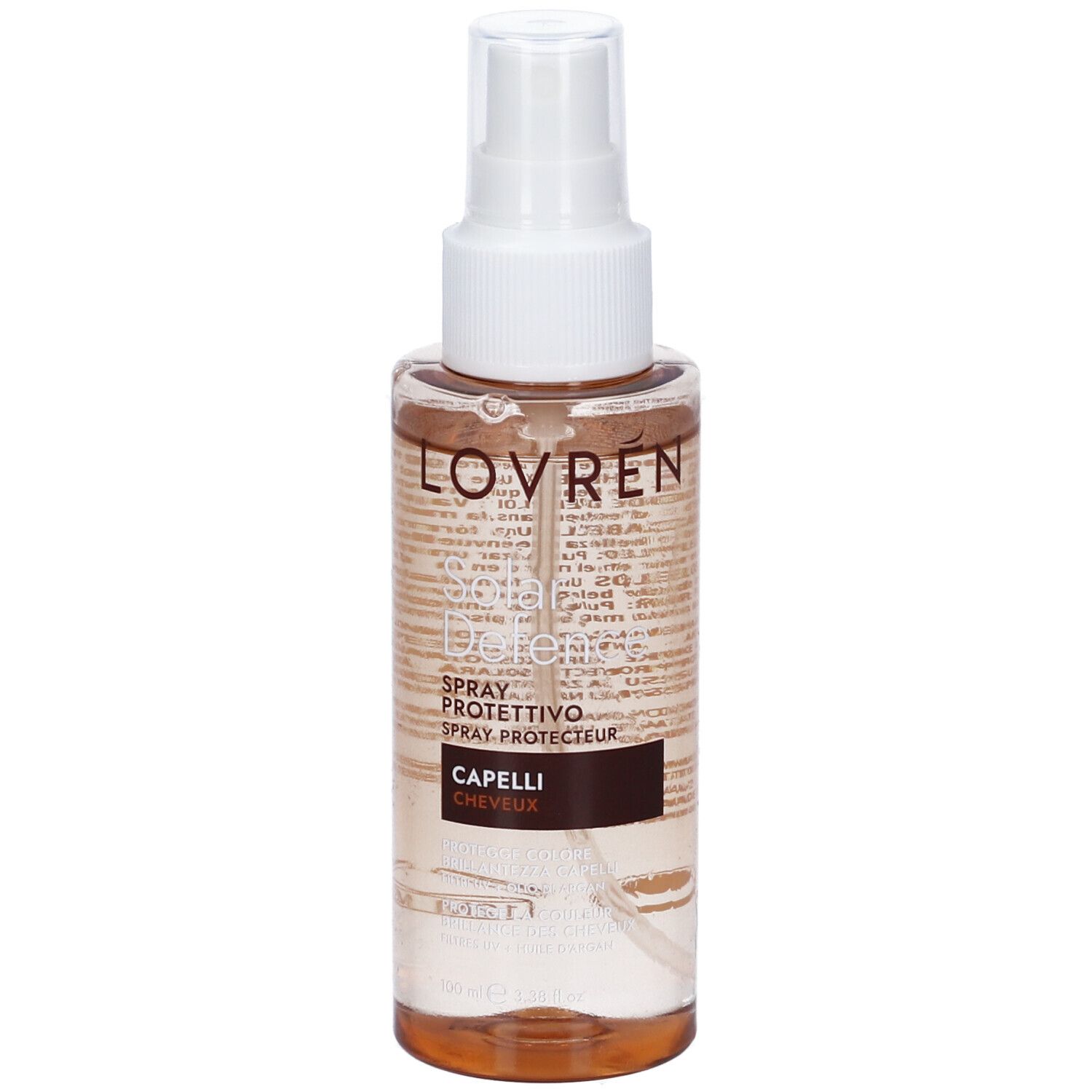 Spray per capelli Lovren, vista frontale del design del flacone spray.