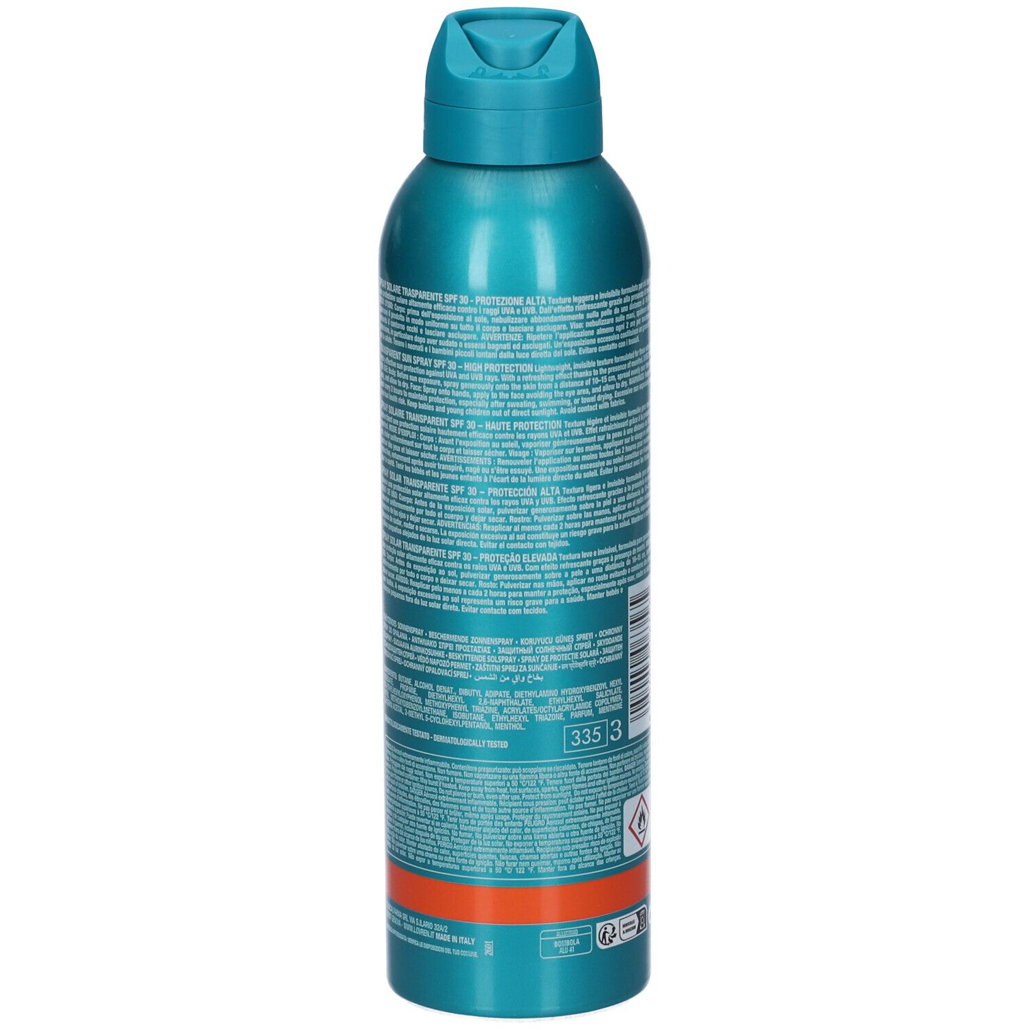 Bomboletta spray turchese. Retro con testo in italiano. Striscia arancione in basso. Testina spray turchese.