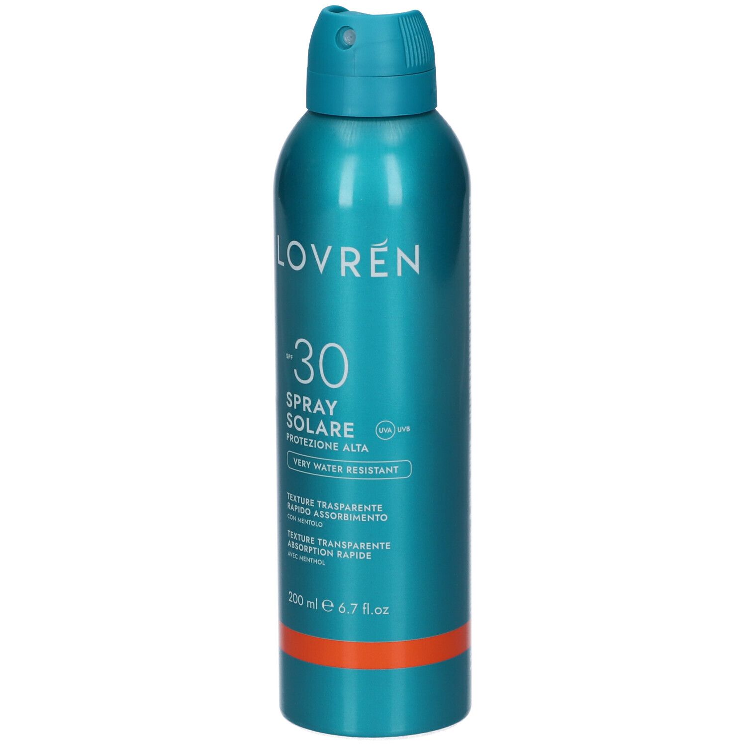 Spray solare turchese LOVRÉN SPF 30. Scritta: Spray Solare, Protezione Alta, Very Water Resistant. Contenuto: 200 ml.