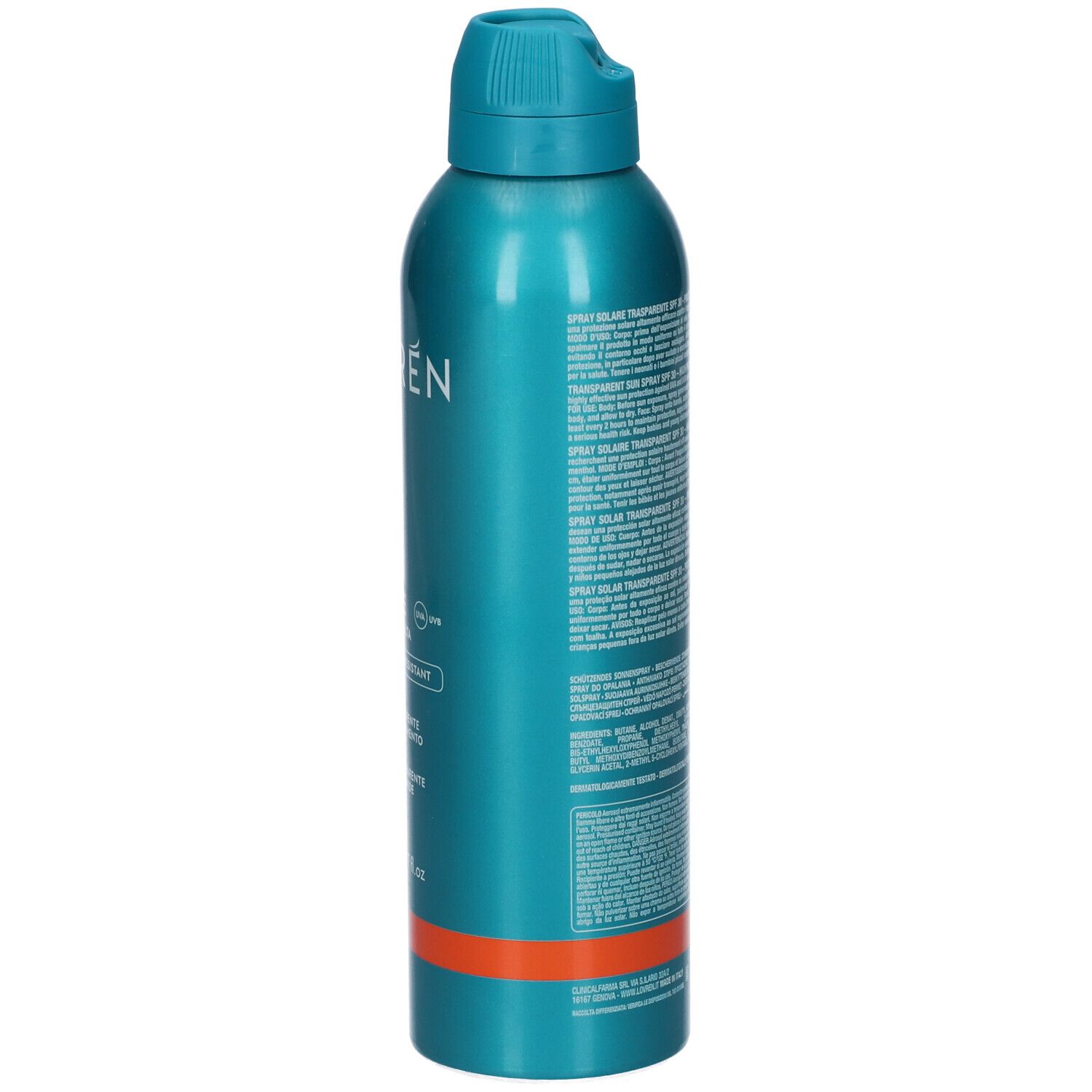 Bomboletta spray turchese. Retro con testo in italiano. Striscia arancione in basso. Testina spray turchese.