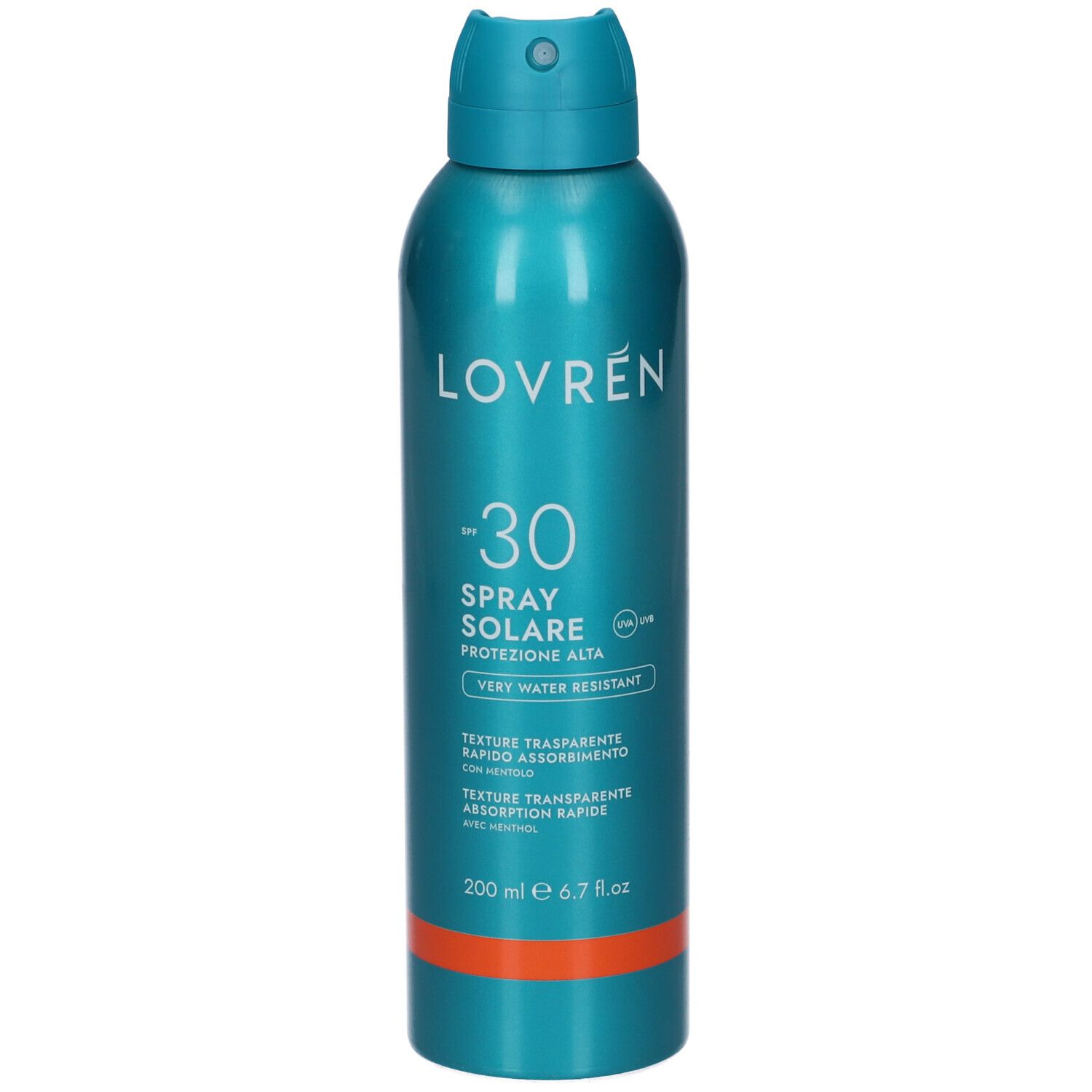Spray solare turchese LOVRÉN SPF 30. Scritta: Spray Solare, Protezione Alta, Very Water Resistant. Contenuto: 200 ml.