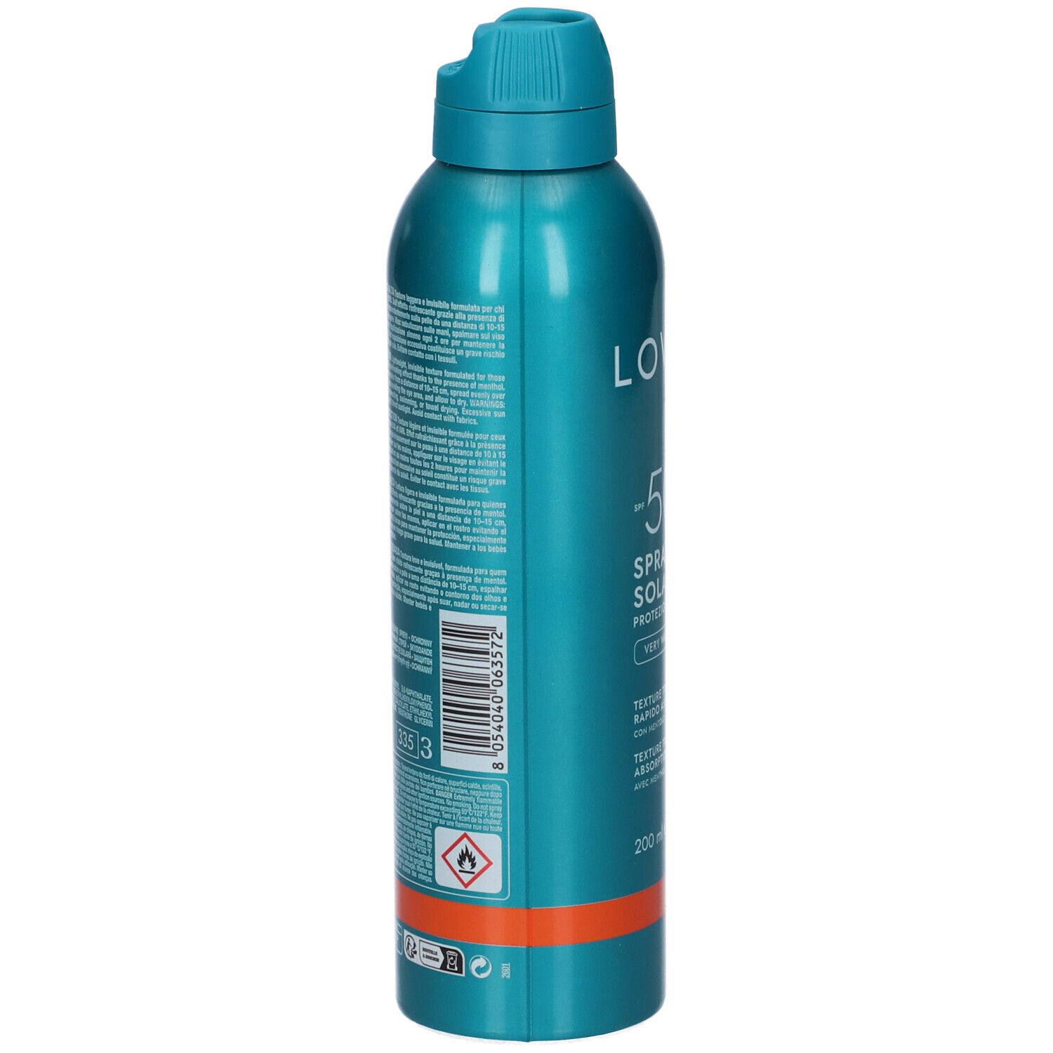 Flacone spray turchese. Retro con testo e codice a barre. Striscia arancione in basso. Tappo blu.