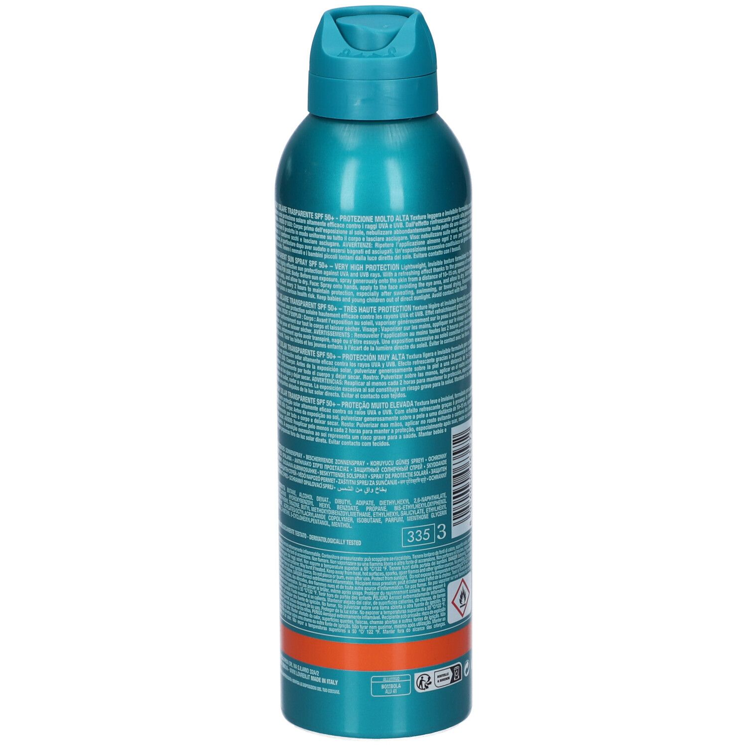 Flacone spray turchese. Retro con testo. Striscia arancione in basso. Tappo blu.