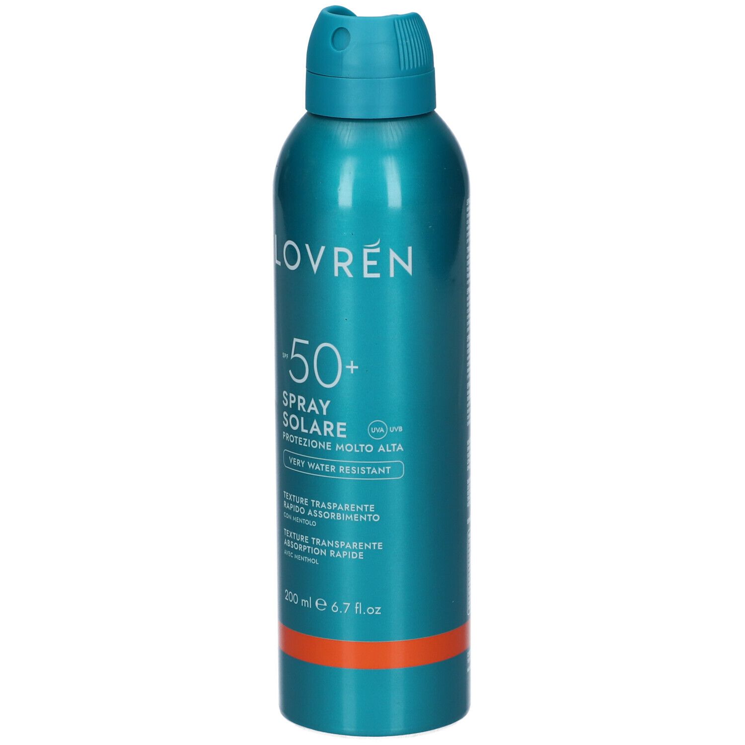 Flacone spray turchese con scritta bianca LOVREN, SPF 50+ e Spray Solare. Contiene 200 ml. Resistente all'acqua.