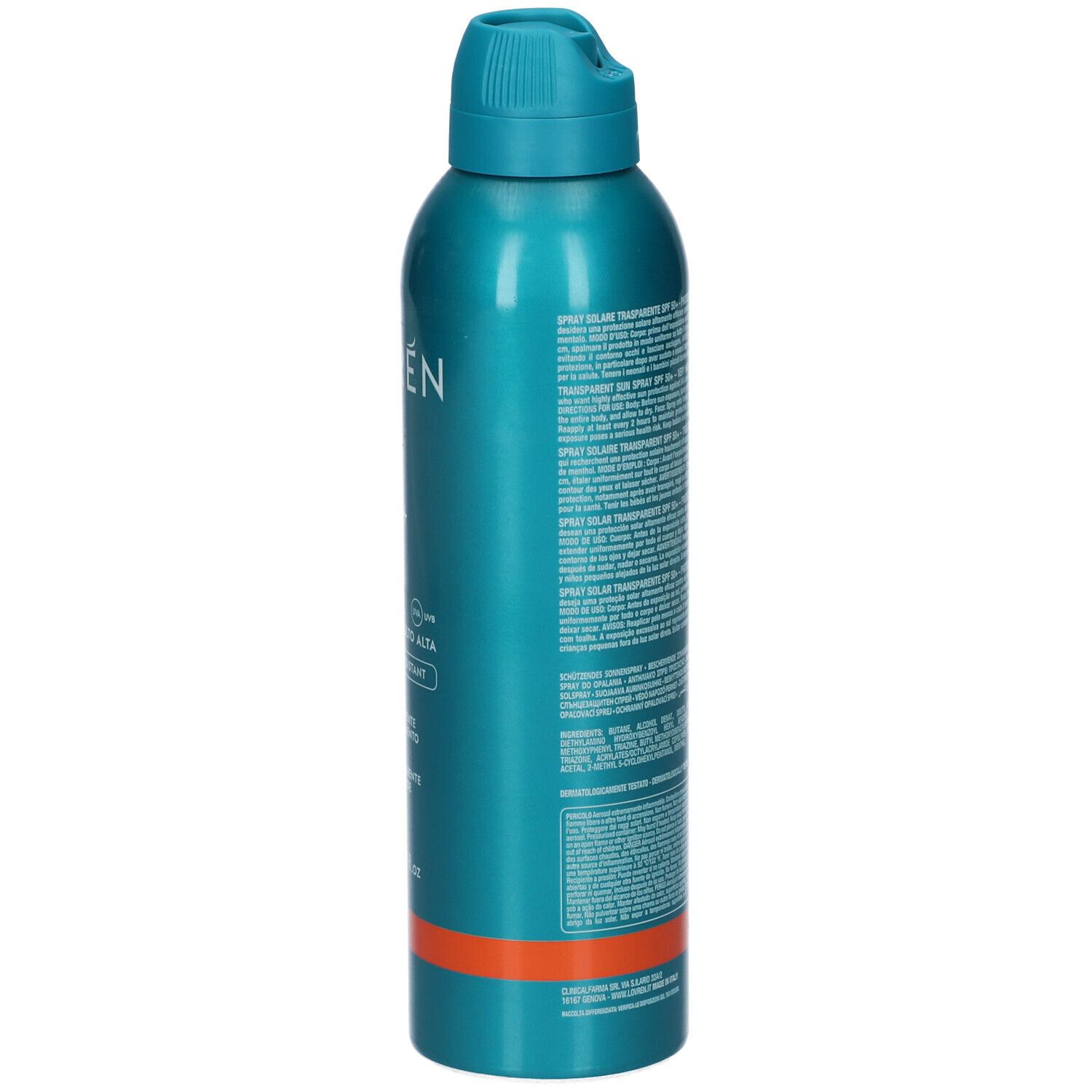 Flacone spray turchese. Retro con testo. Striscia arancione in basso. Tappo blu.