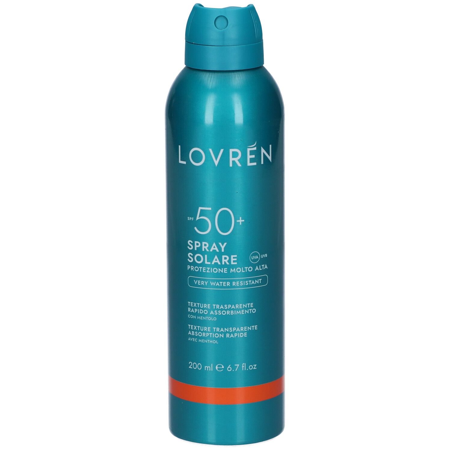 Flacone spray turchese con scritta bianca LOVREN, SPF 50+ e Spray Solare. Contiene 200 ml. Resistente all'acqua.