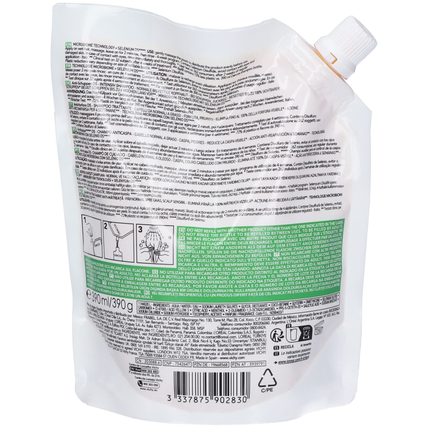 Retro della ricarica DERCOS TECHNIQUE. Contiene testo. Istruzioni e codice QR. 390ml.