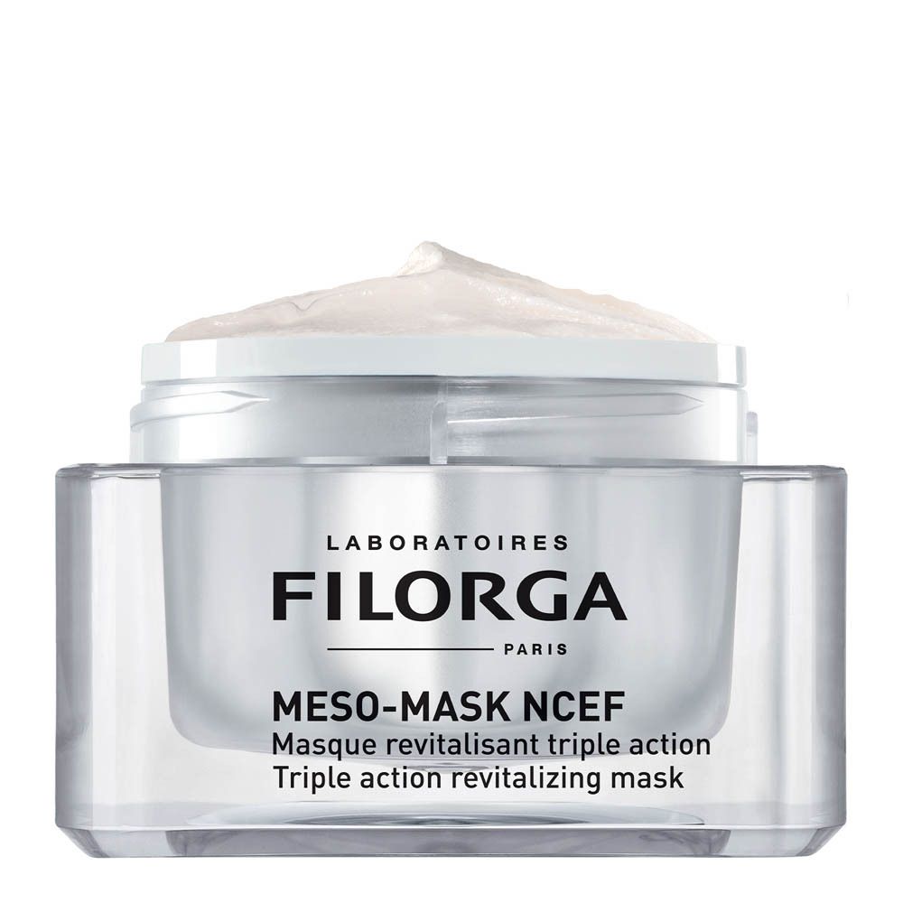 Vaso FILORGA MESO-MASK NCEF aperto. Crema visibile. Testo: MESO-MASK NCEF, Maschera Rivitalizzante Illuminante.