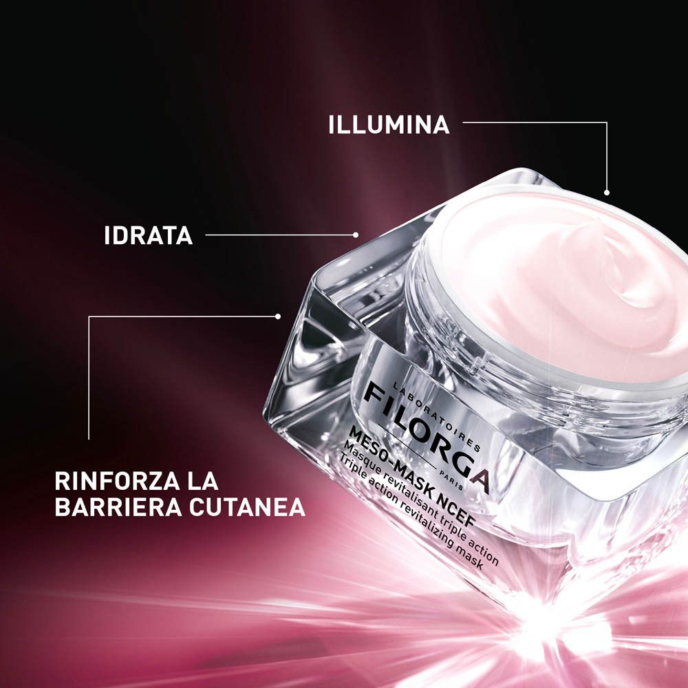 Vaso con crema, testo: IDRATA, ILLUMINA, RINFORZA LA BARRIERA CUTANEA. Sfondo: raggi rosa.