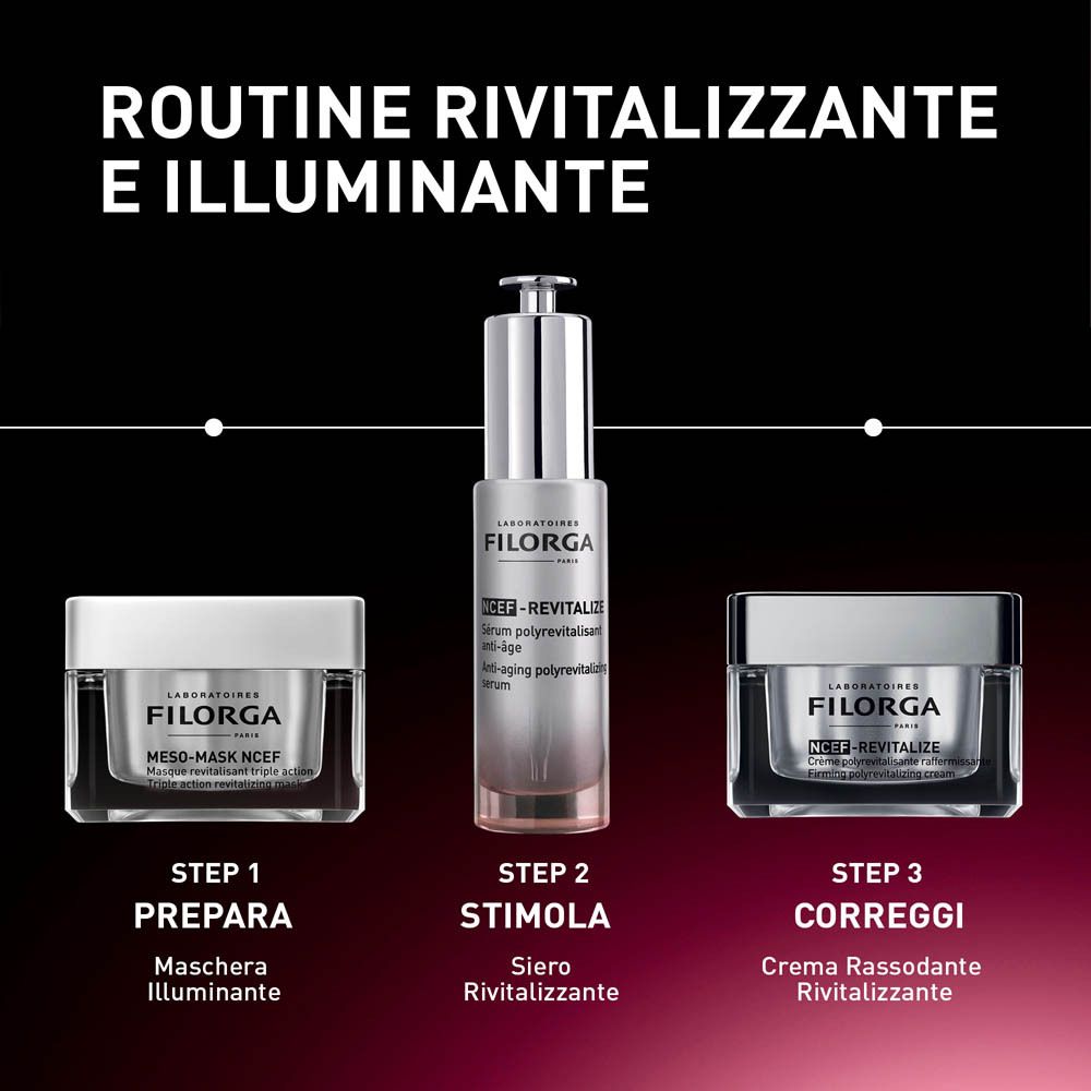 Tre prodotti: maschera, siero, crema. Testo: ROUTINE RIVITALIZZANTE E ILLUMINANTE, STEP 1, 2, 3.