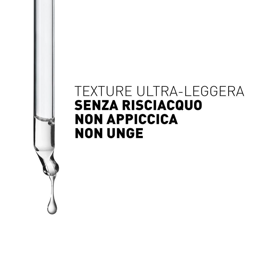 Pipetta con goccia. Testo: TEXTURE ULTRA-LEGGERA, SENZA RISCIACQUO, NON APPICCICA, NON UNGE.