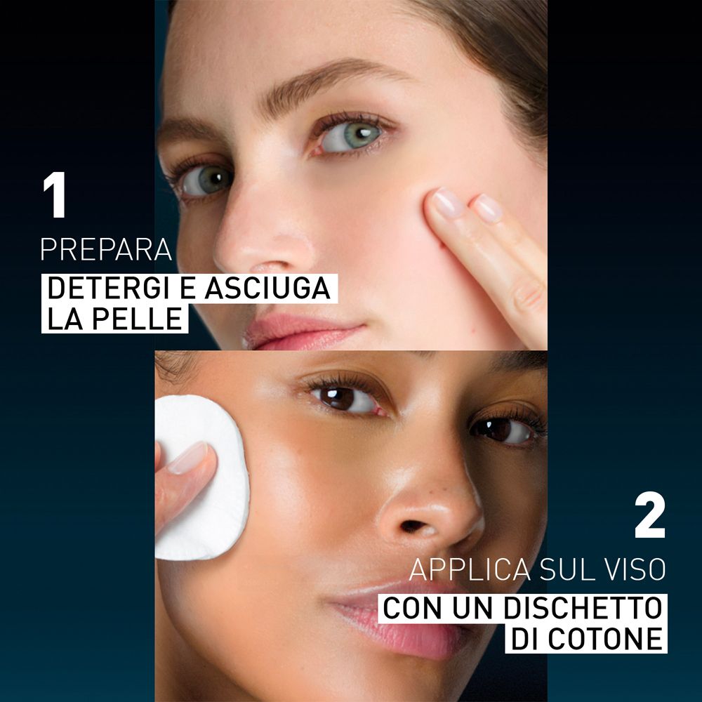 Fasi di applicazione. Donna pulisce il viso, donna applica il prodotto. Testo: 1. PREPARA, 2. APPLICA.