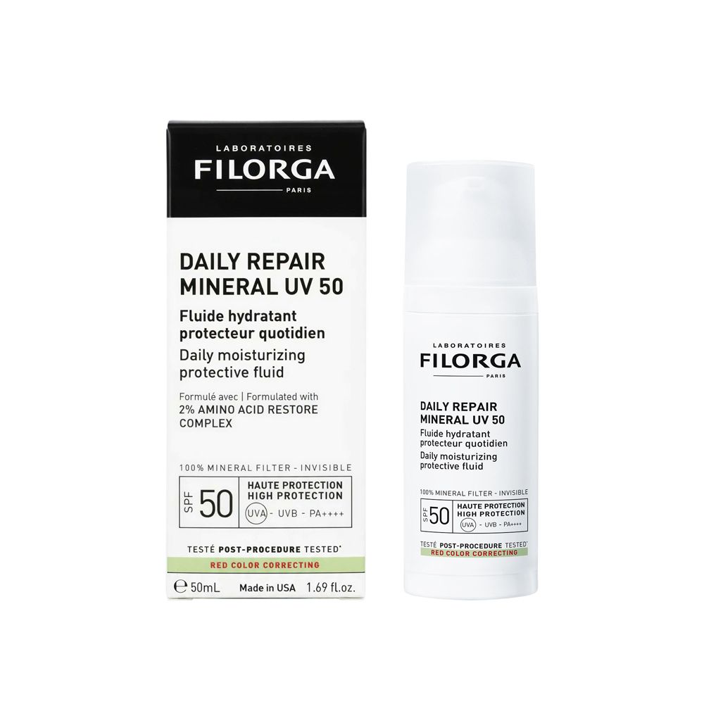 Prodotto e confezione Filorga Daily Repair Mineral UV 50. Testo, SPF 50 e ingredienti. Su sfondo bianco.