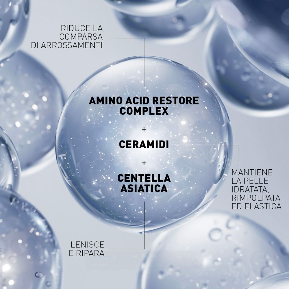 Grafica con sfere blu. Testo: Amino Acid Restore Complex, Ceramidi, Centella Asiatica. Sfondo bianco.