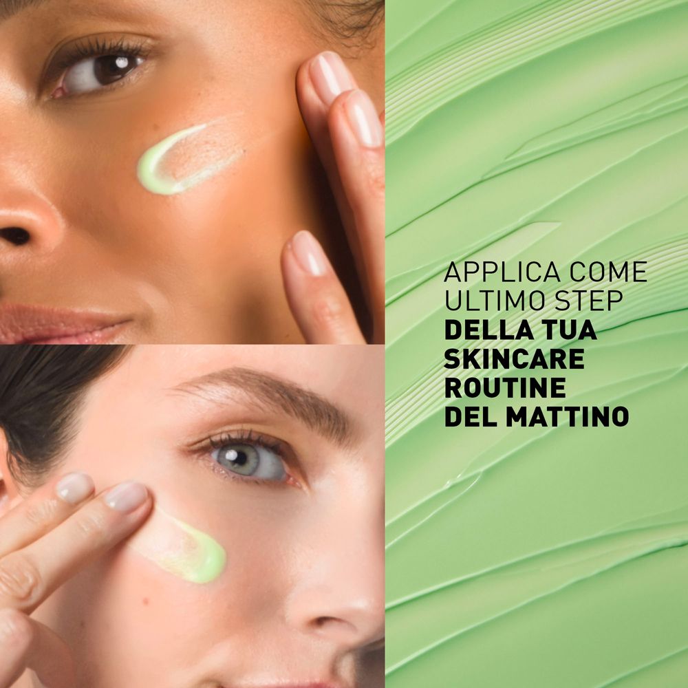 Donne applicano crema verde. Testo: Ultimo step della routine mattutina. Sfondo bianco.